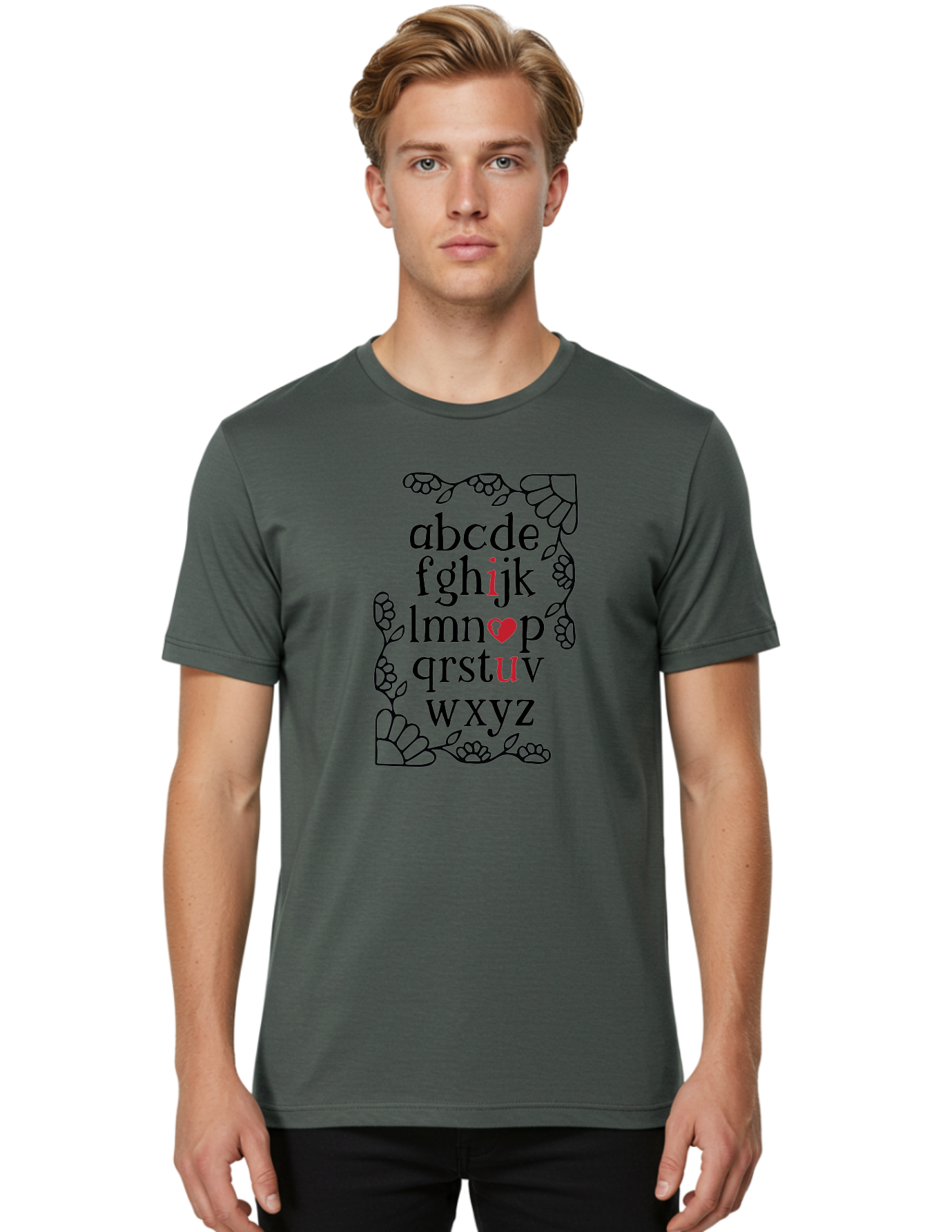 Alphabet-Abcdefghijklmnopqrstuvwxyz Men'S Graphic Tee, 100% Cotton, Comfortable Casual Summer Wear, Machine Washable, Typography Illustration, Alphabet Letters, Floral Vines, Paw Prints, Heart Symbol, Red Accents, Black Font, Creative Design, Aac465
