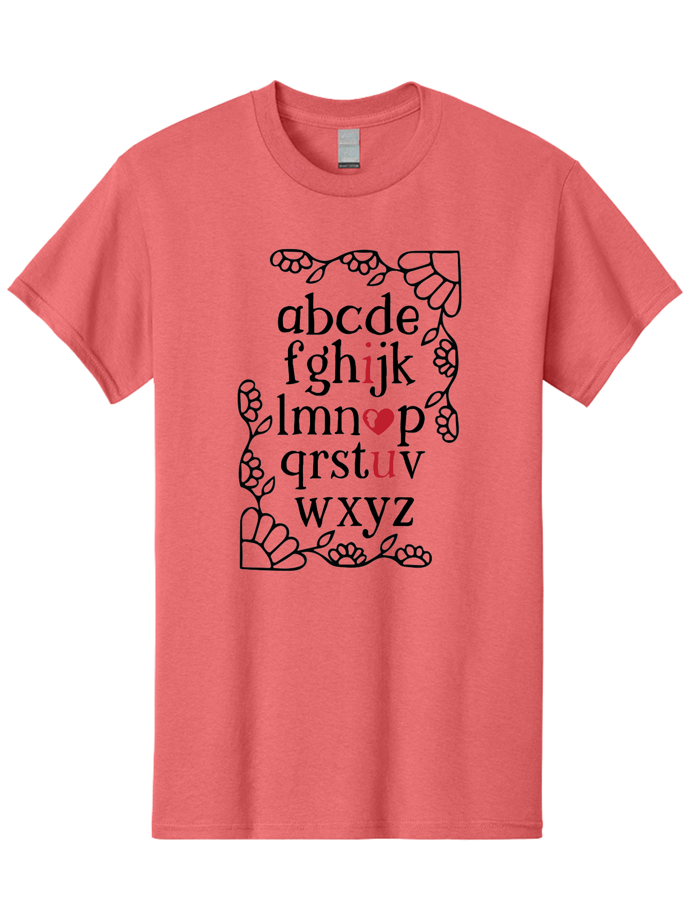 Alphabet-Abcdefghijklmnopqrstuvwxyz Men'S Graphic Tee, 100% Cotton, Comfortable Casual Summer Wear, Machine Washable, Typography Illustration, Alphabet Letters, Floral Vines, Paw Prints, Heart Symbol, Red Accents, Black Font, Creative Design, Aac465