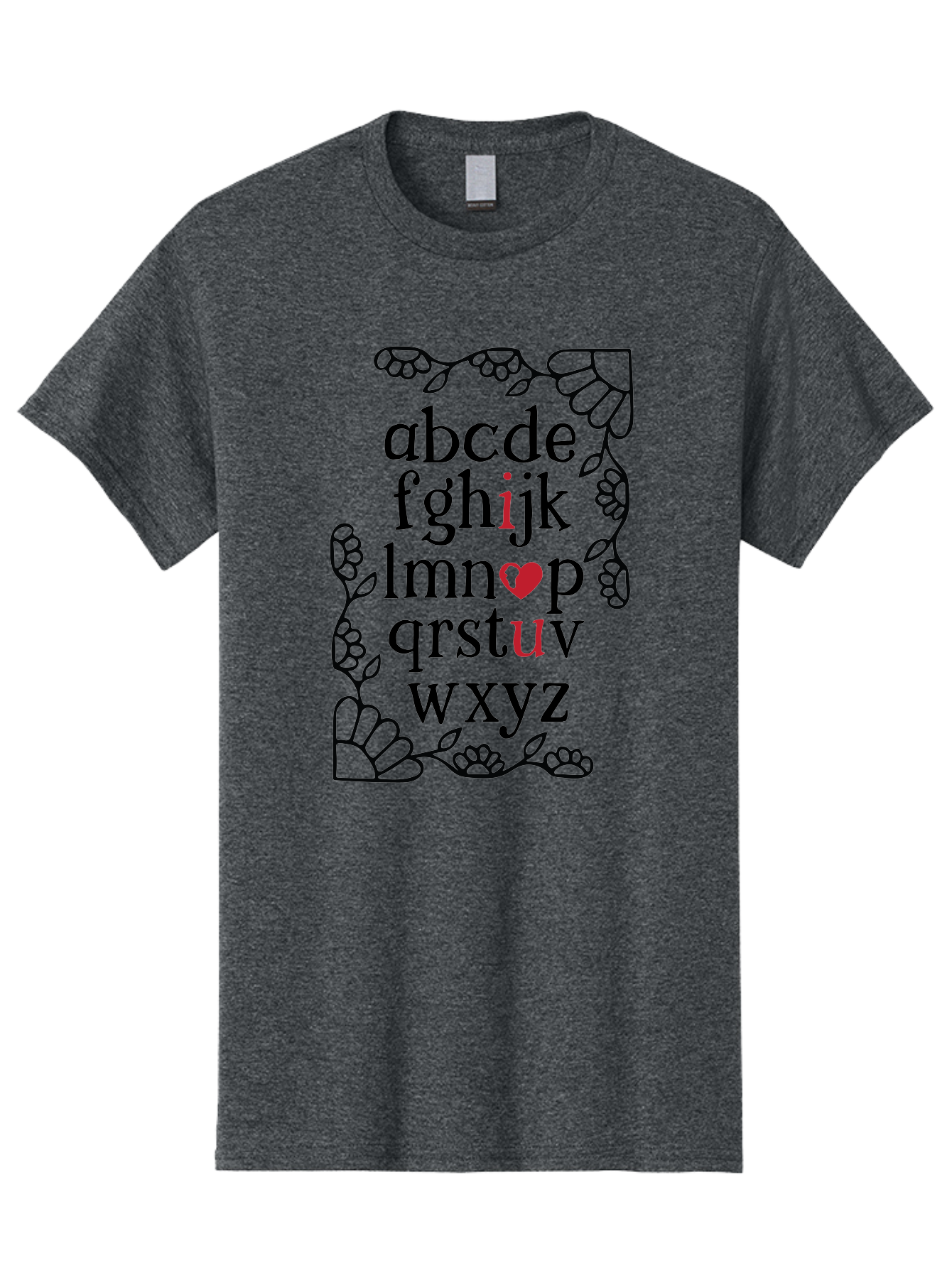 Alphabet-Abcdefghijklmnopqrstuvwxyz Men'S Graphic Tee, 100% Cotton, Comfortable Casual Summer Wear, Machine Washable, Typography Illustration, Alphabet Letters, Floral Vines, Paw Prints, Heart Symbol, Red Accents, Black Font, Creative Design, Aac465