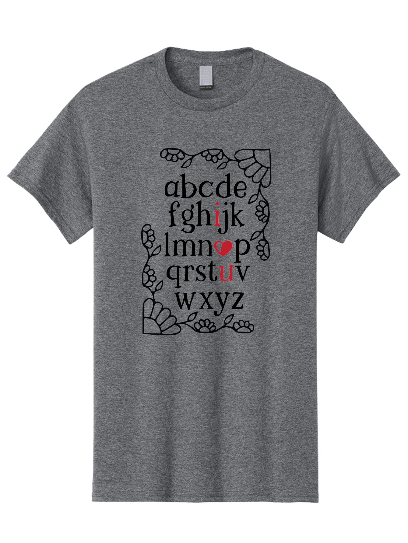 Alphabet-Abcdefghijklmnopqrstuvwxyz Men'S Graphic Tee, 100% Cotton, Comfortable Casual Summer Wear, Machine Washable, Typography Illustration, Alphabet Letters, Floral Vines, Paw Prints, Heart Symbol, Red Accents, Black Font, Creative Design, Aac465