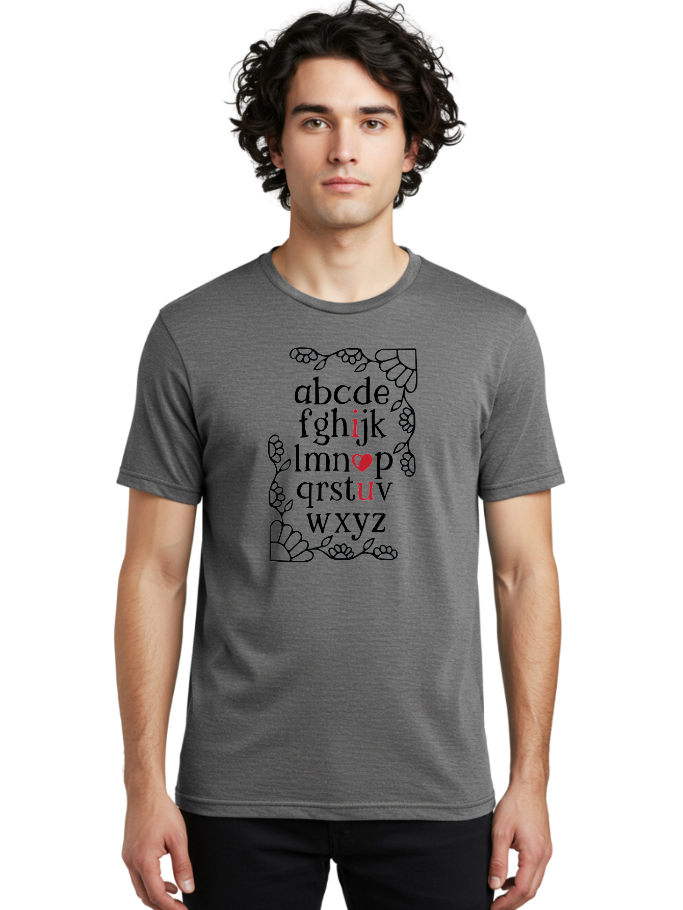 Alphabet-Abcdefghijklmnopqrstuvwxyz Men'S Graphic Tee, 100% Cotton, Comfortable Casual Summer Wear, Machine Washable, Typography Illustration, Alphabet Letters, Floral Vines, Paw Prints, Heart Symbol, Red Accents, Black Font, Creative Design, Aac465