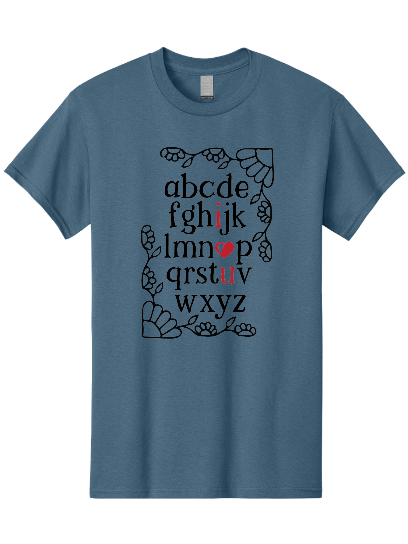 Alphabet-Abcdefghijklmnopqrstuvwxyz Men'S Graphic Tee, 100% Cotton, Comfortable Casual Summer Wear, Machine Washable, Typography Illustration, Alphabet Letters, Floral Vines, Paw Prints, Heart Symbol, Red Accents, Black Font, Creative Design, Aac465
