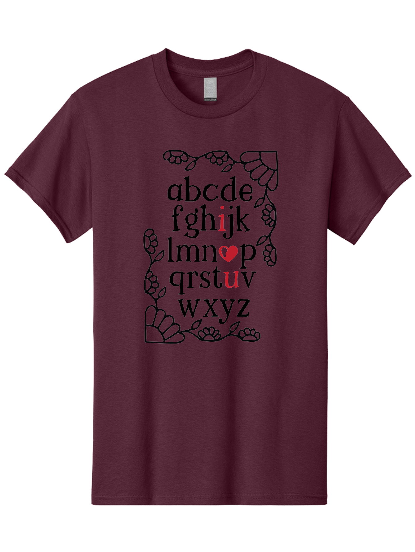 Alphabet-Abcdefghijklmnopqrstuvwxyz Men'S Graphic Tee, 100% Cotton, Comfortable Casual Summer Wear, Machine Washable, Typography Illustration, Alphabet Letters, Floral Vines, Paw Prints, Heart Symbol, Red Accents, Black Font, Creative Design, Aac465