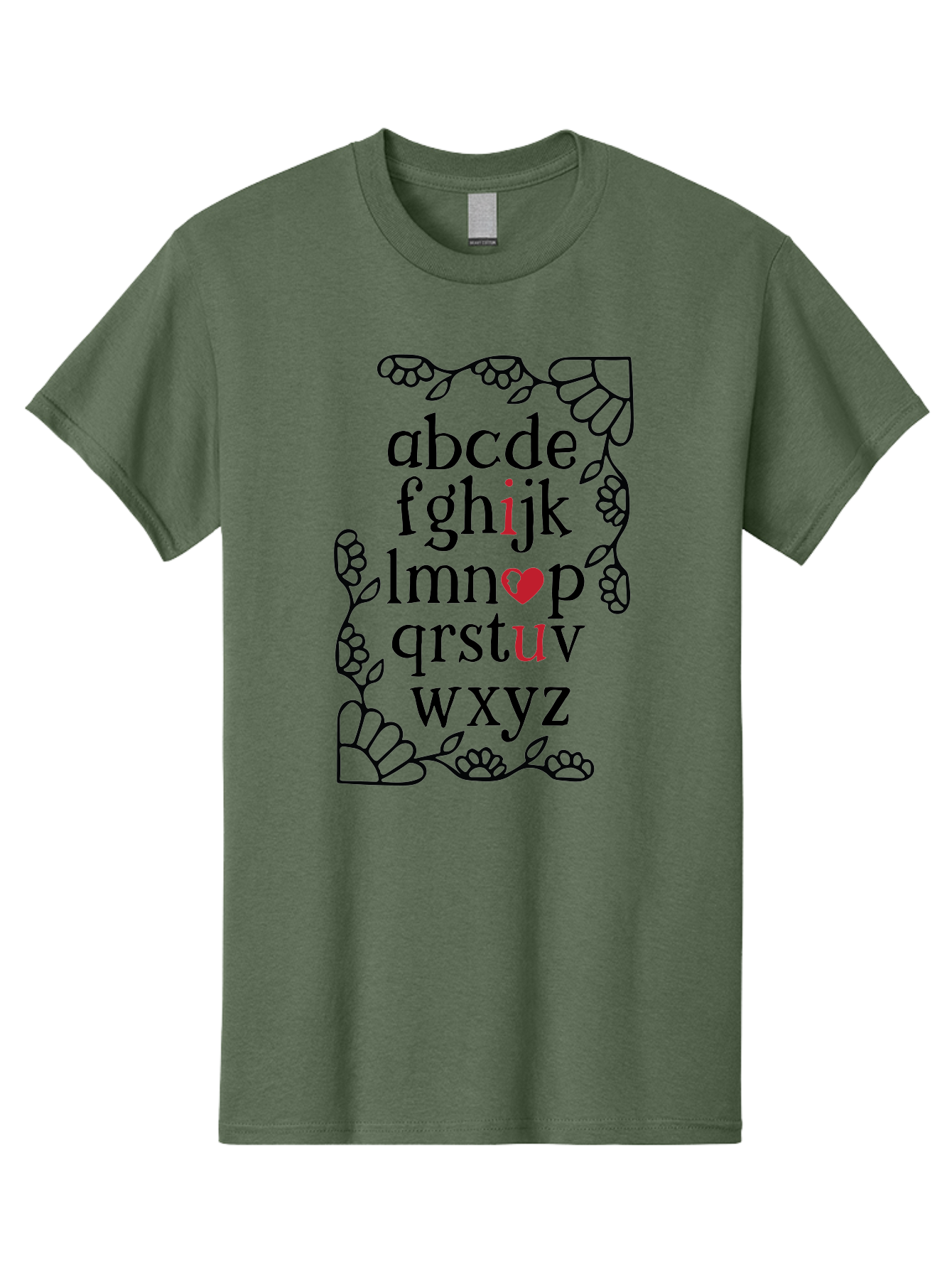 Alphabet-Abcdefghijklmnopqrstuvwxyz Men'S Graphic Tee, 100% Cotton, Comfortable Casual Summer Wear, Machine Washable, Typography Illustration, Alphabet Letters, Floral Vines, Paw Prints, Heart Symbol, Red Accents, Black Font, Creative Design, Aac465