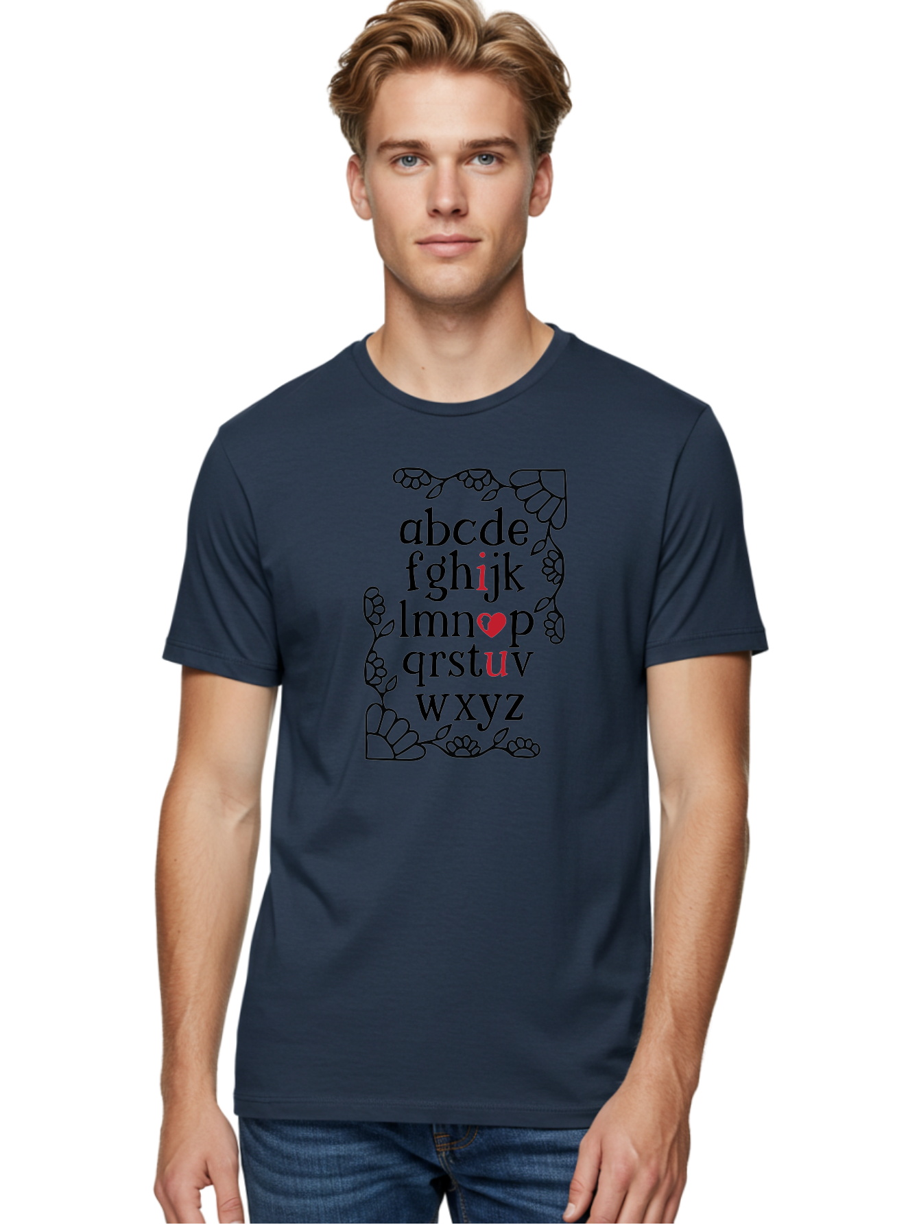 Alphabet-Abcdefghijklmnopqrstuvwxyz Men'S Graphic Tee, 100% Cotton, Comfortable Casual Summer Wear, Machine Washable, Typography Illustration, Alphabet Letters, Floral Vines, Paw Prints, Heart Symbol, Red Accents, Black Font, Creative Design, Aac465