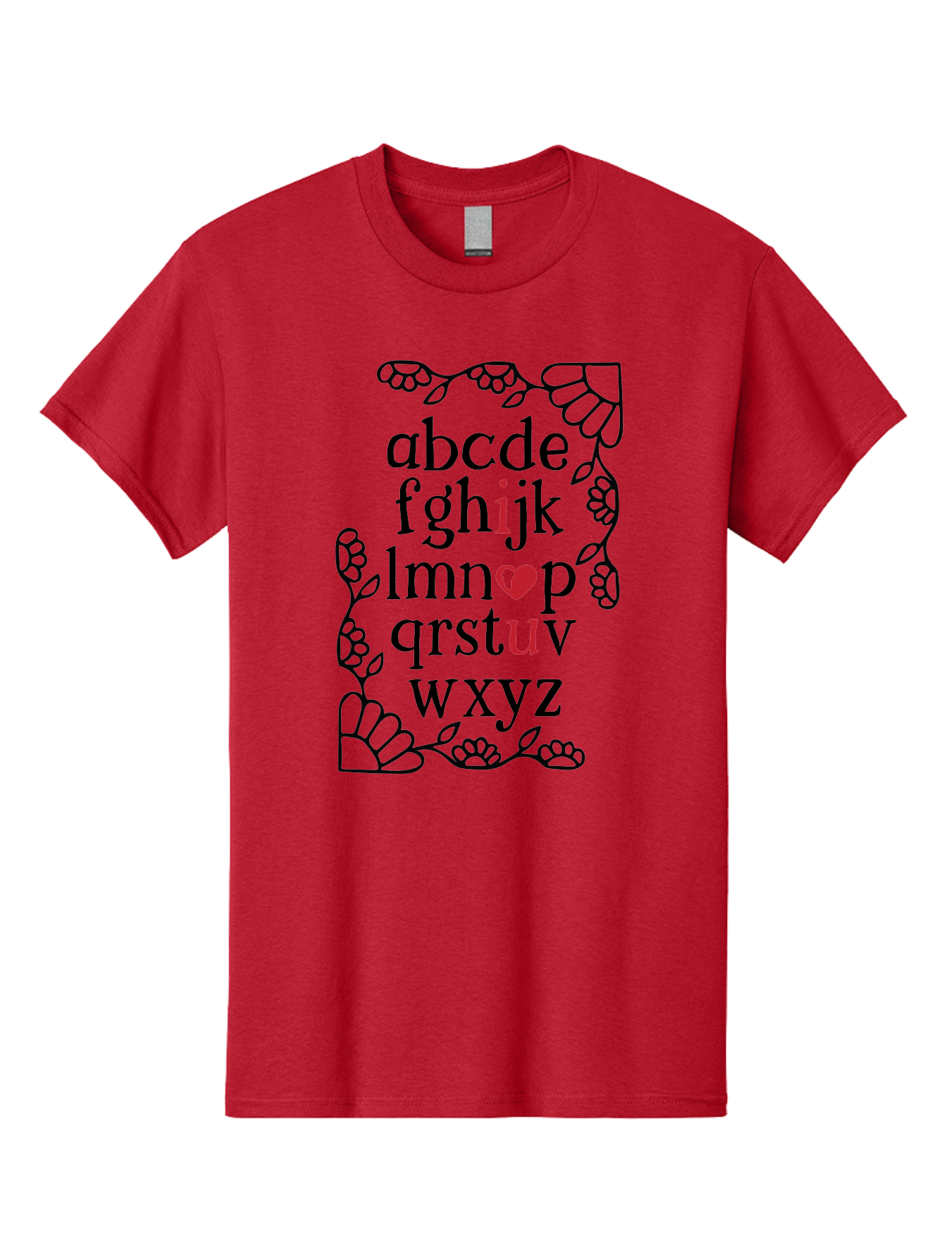 Alphabet-Abcdefghijklmnopqrstuvwxyz Men'S Graphic Tee, 100% Cotton, Comfortable Casual Summer Wear, Machine Washable, Typography Illustration, Alphabet Letters, Floral Vines, Paw Prints, Heart Symbol, Red Accents, Black Font, Creative Design, Aac465