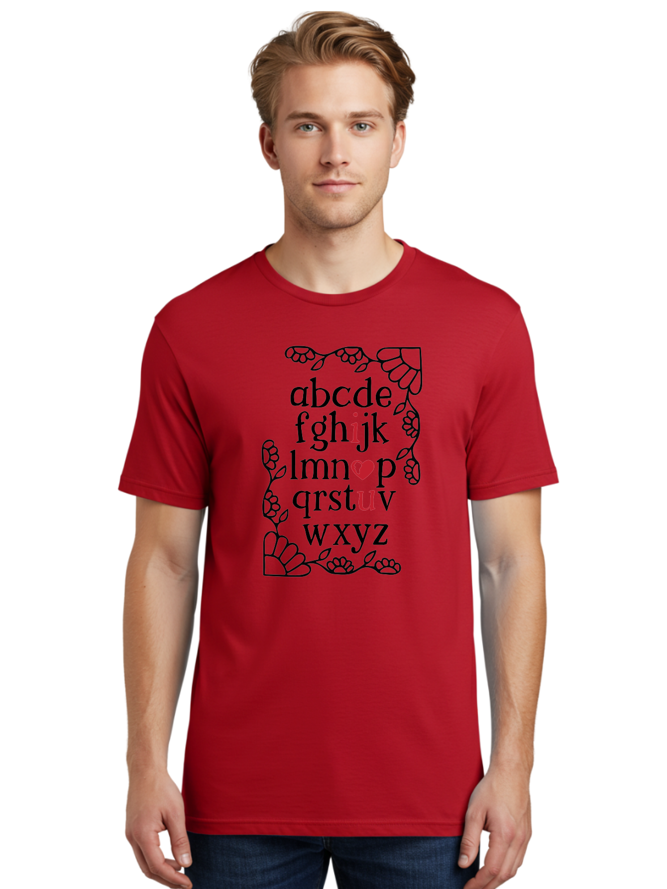 Alphabet-Abcdefghijklmnopqrstuvwxyz Men'S Graphic Tee, 100% Cotton, Comfortable Casual Summer Wear, Machine Washable, Typography Illustration, Alphabet Letters, Floral Vines, Paw Prints, Heart Symbol, Red Accents, Black Font, Creative Design, Aac465