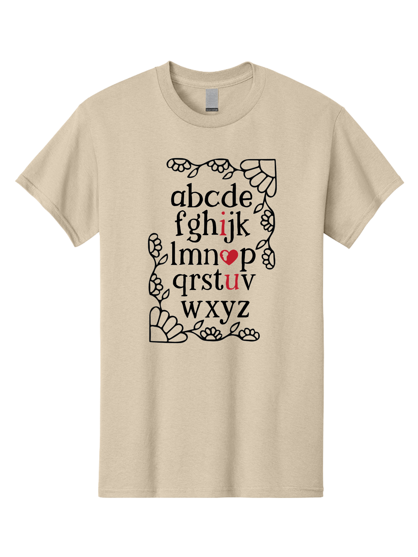 Alphabet-Abcdefghijklmnopqrstuvwxyz Men'S Graphic Tee, 100% Cotton, Comfortable Casual Summer Wear, Machine Washable, Typography Illustration, Alphabet Letters, Floral Vines, Paw Prints, Heart Symbol, Red Accents, Black Font, Creative Design, Aac465