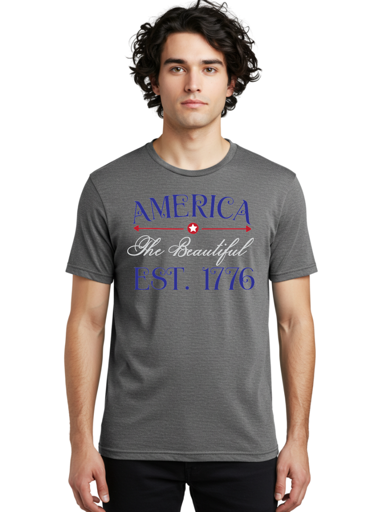 America-The-Beautiful-Est-1776 Men'S Graphic Tee, 100% Cotton, Comfortable Casual Summer Wear, Machine Washable, America The Beautiful, Patriotic Design, Vintage Typography, Star Symbol, Red White And Blue, 4Th Of July, Independence Day, Aac469