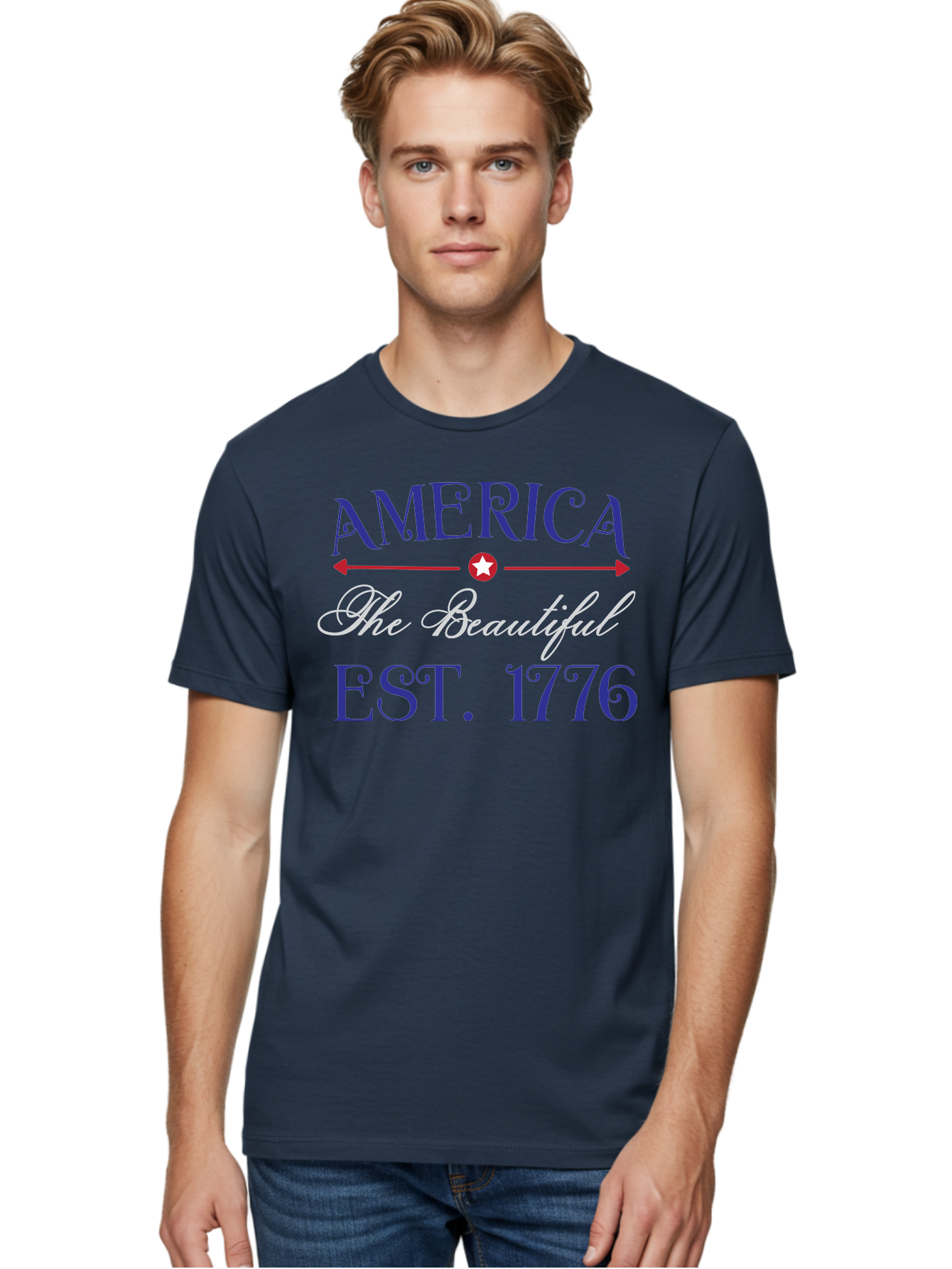 America-The-Beautiful-Est-1776 Men'S Graphic Tee, 100% Cotton, Comfortable Casual Summer Wear, Machine Washable, America The Beautiful, Patriotic Design, Vintage Typography, Star Symbol, Red White And Blue, 4Th Of July, Independence Day, Aac469