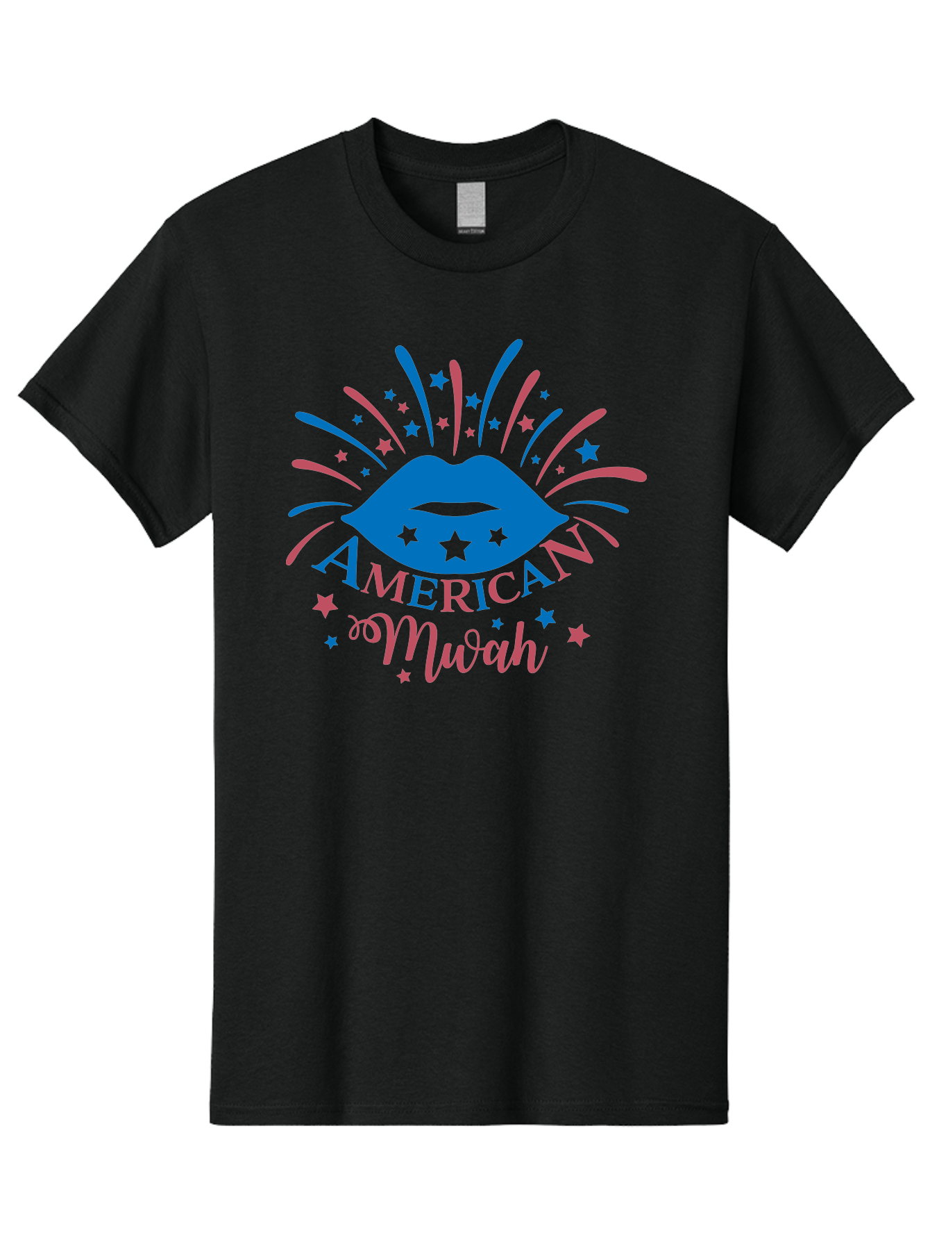 American-Mwah Men'S Graphic Tee, 100% Cotton, Comfortable Casual Summer Wear, Machine Washable, Blue Lips, Starry Design, Vibrant Colors, Playful Graphics, American Mwah, Kiss Mark, Festive Atmosphere, Celebratory Theme, Pop Art Style, Aac470