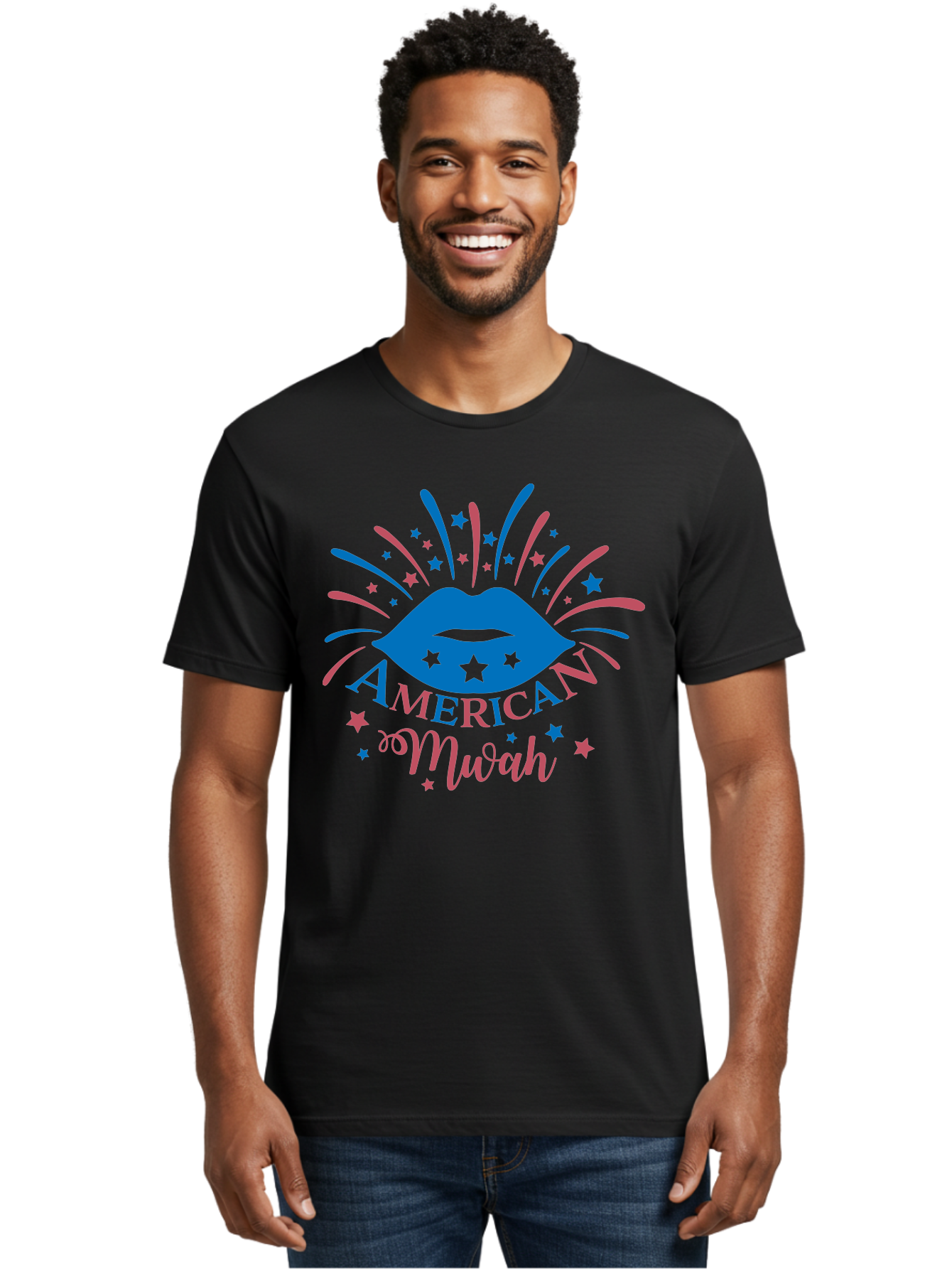 American-Mwah Men'S Graphic Tee, 100% Cotton, Comfortable Casual Summer Wear, Machine Washable, Blue Lips, Starry Design, Vibrant Colors, Playful Graphics, American Mwah, Kiss Mark, Festive Atmosphere, Celebratory Theme, Pop Art Style, Aac470