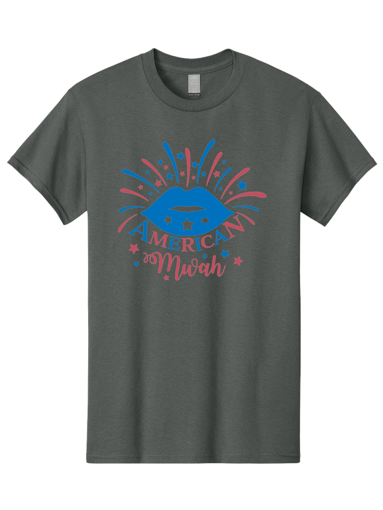 American-Mwah Men'S Graphic Tee, 100% Cotton, Comfortable Casual Summer Wear, Machine Washable, Blue Lips, Starry Design, Vibrant Colors, Playful Graphics, American Mwah, Kiss Mark, Festive Atmosphere, Celebratory Theme, Pop Art Style, Aac470