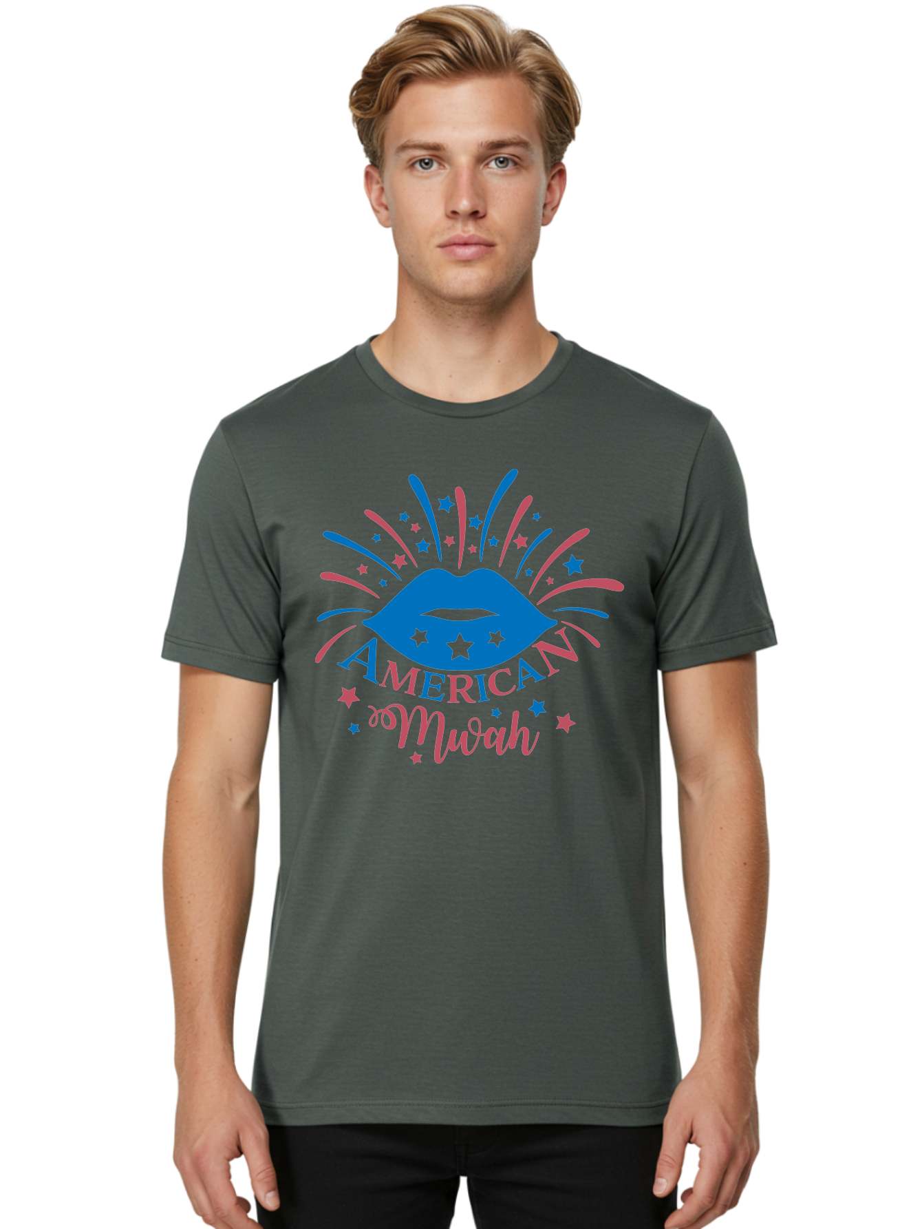 American-Mwah Men'S Graphic Tee, 100% Cotton, Comfortable Casual Summer Wear, Machine Washable, Blue Lips, Starry Design, Vibrant Colors, Playful Graphics, American Mwah, Kiss Mark, Festive Atmosphere, Celebratory Theme, Pop Art Style, Aac470
