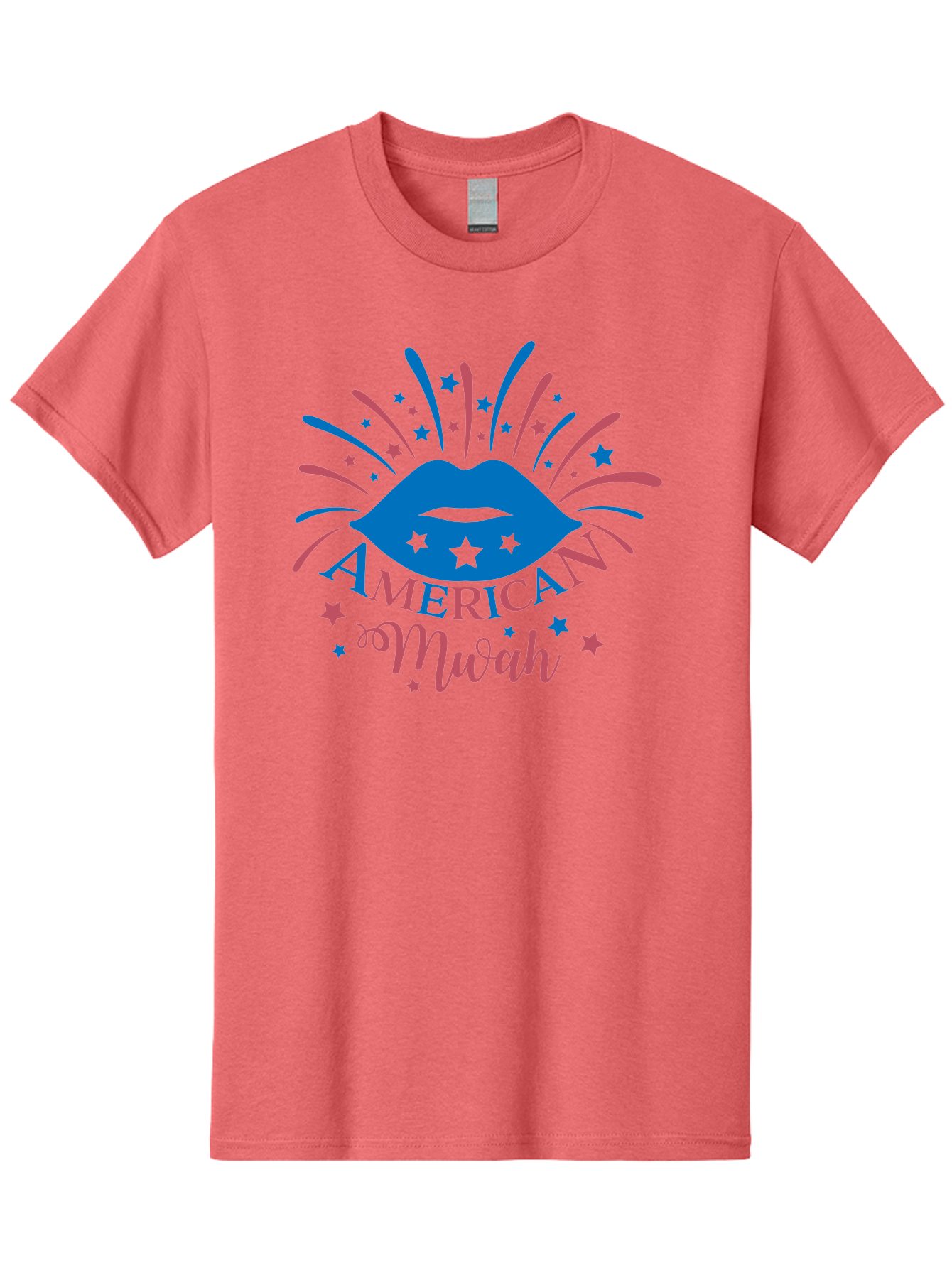 American-Mwah Men'S Graphic Tee, 100% Cotton, Comfortable Casual Summer Wear, Machine Washable, Blue Lips, Starry Design, Vibrant Colors, Playful Graphics, American Mwah, Kiss Mark, Festive Atmosphere, Celebratory Theme, Pop Art Style, Aac470