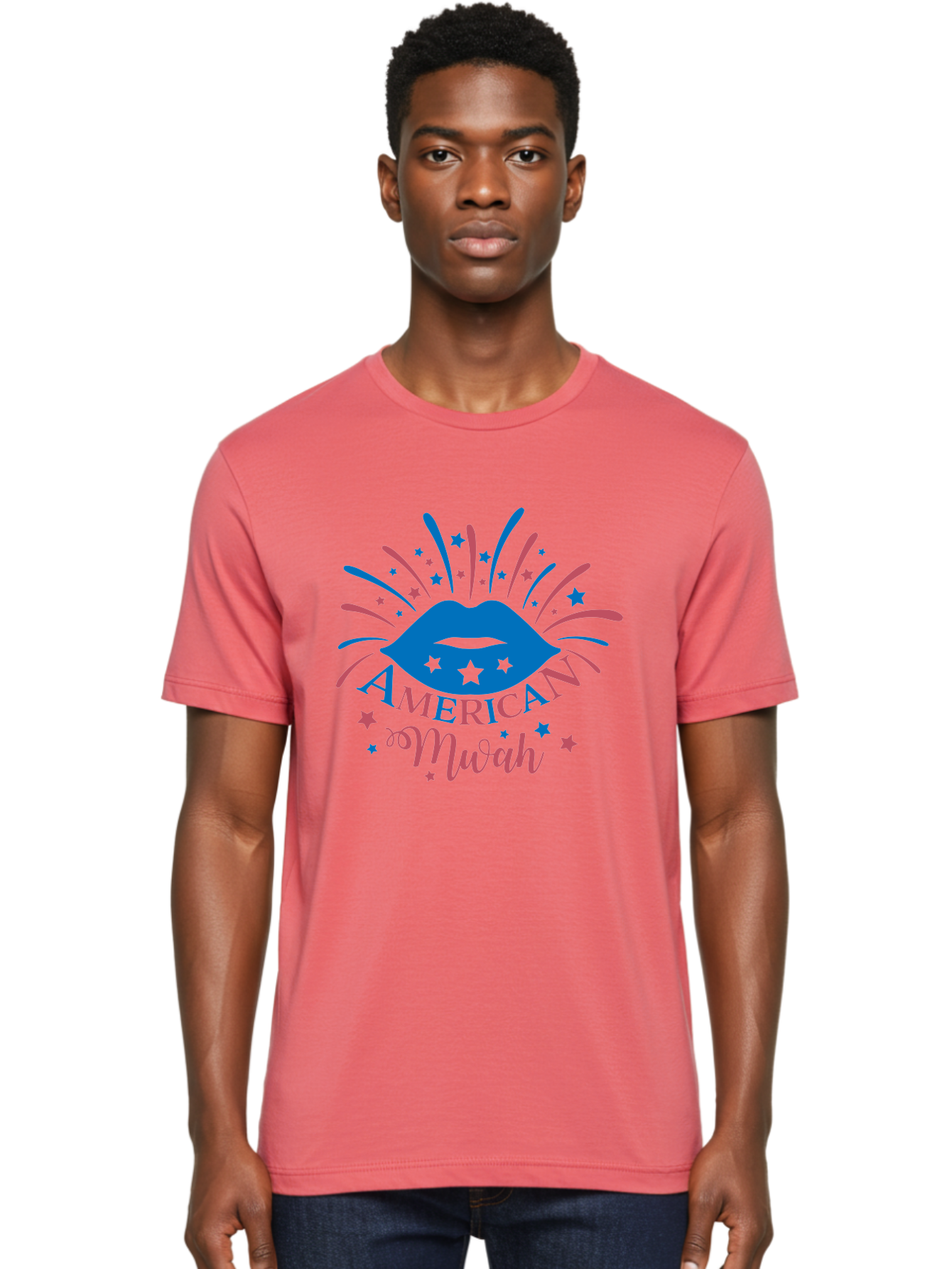 American-Mwah Men'S Graphic Tee, 100% Cotton, Comfortable Casual Summer Wear, Machine Washable, Blue Lips, Starry Design, Vibrant Colors, Playful Graphics, American Mwah, Kiss Mark, Festive Atmosphere, Celebratory Theme, Pop Art Style, Aac470