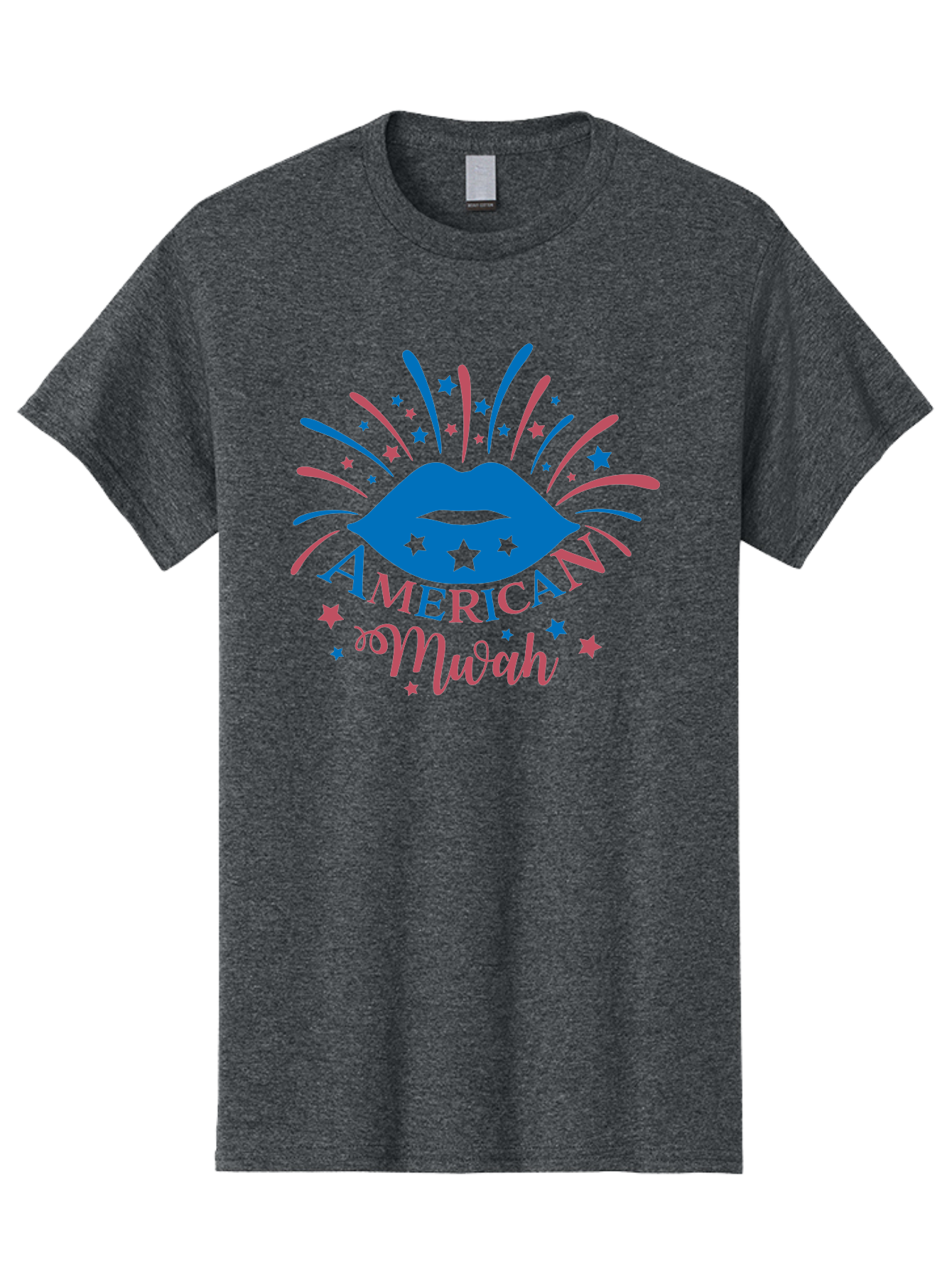 American-Mwah Men'S Graphic Tee, 100% Cotton, Comfortable Casual Summer Wear, Machine Washable, Blue Lips, Starry Design, Vibrant Colors, Playful Graphics, American Mwah, Kiss Mark, Festive Atmosphere, Celebratory Theme, Pop Art Style, Aac470