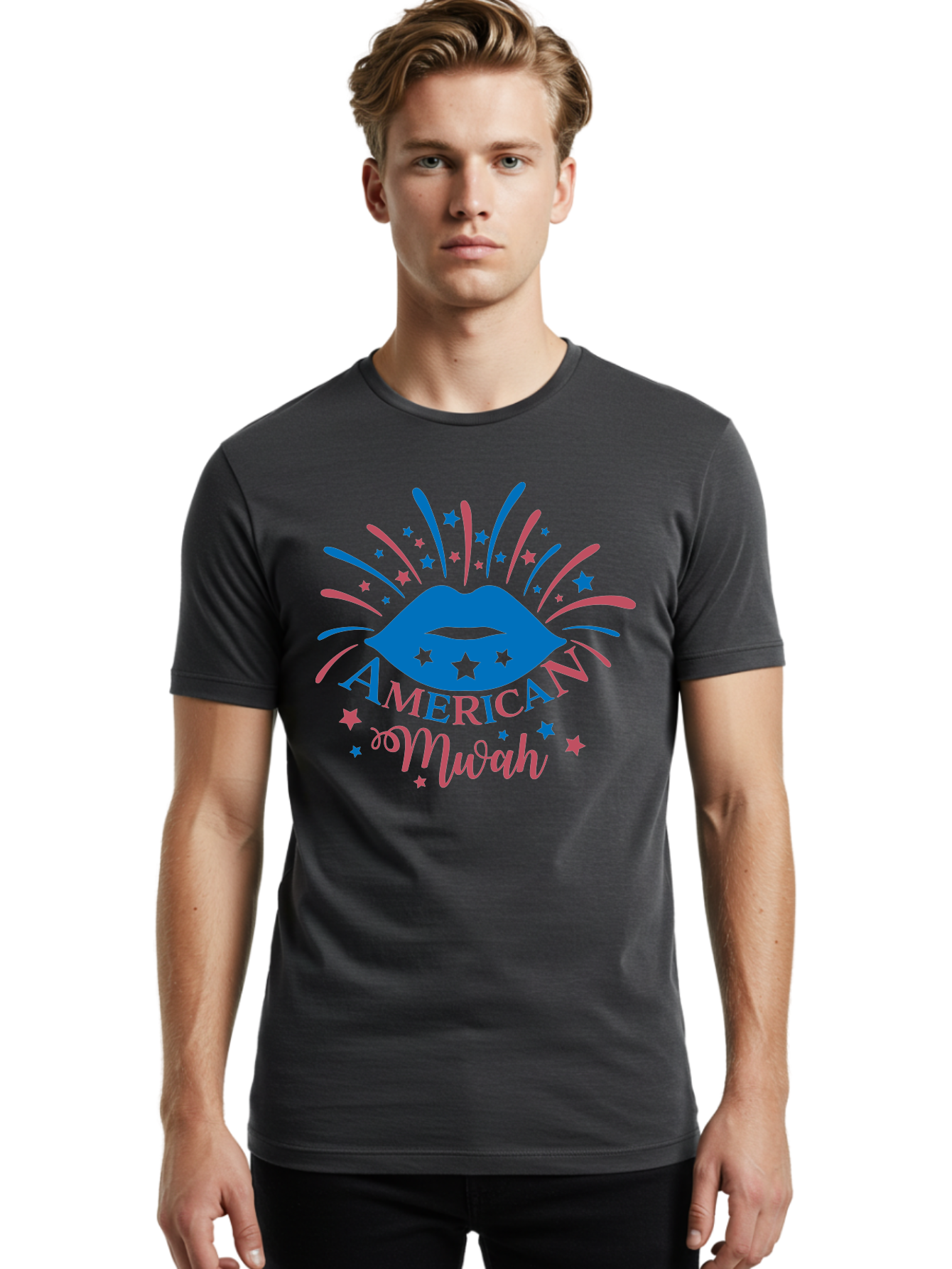 American-Mwah Men'S Graphic Tee, 100% Cotton, Comfortable Casual Summer Wear, Machine Washable, Blue Lips, Starry Design, Vibrant Colors, Playful Graphics, American Mwah, Kiss Mark, Festive Atmosphere, Celebratory Theme, Pop Art Style, Aac470