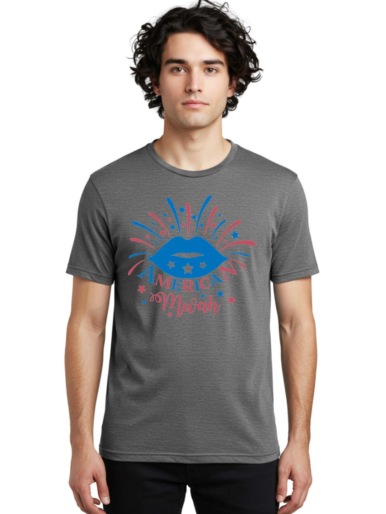 American-Mwah Men'S Graphic Tee, 100% Cotton, Comfortable Casual Summer Wear, Machine Washable, Blue Lips, Starry Design, Vibrant Colors, Playful Graphics, American Mwah, Kiss Mark, Festive Atmosphere, Celebratory Theme, Pop Art Style, Aac470