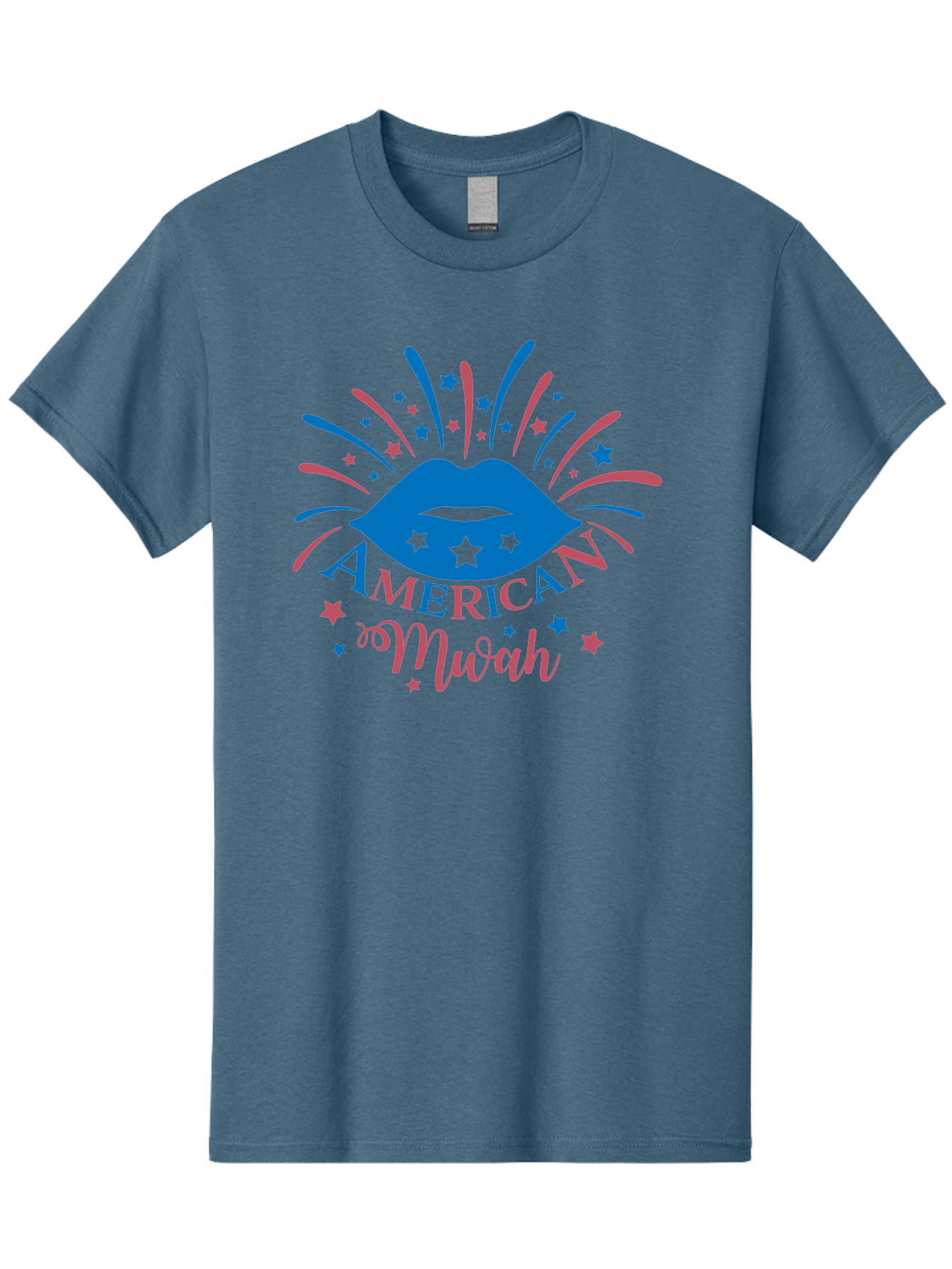American-Mwah Men'S Graphic Tee, 100% Cotton, Comfortable Casual Summer Wear, Machine Washable, Blue Lips, Starry Design, Vibrant Colors, Playful Graphics, American Mwah, Kiss Mark, Festive Atmosphere, Celebratory Theme, Pop Art Style, Aac470