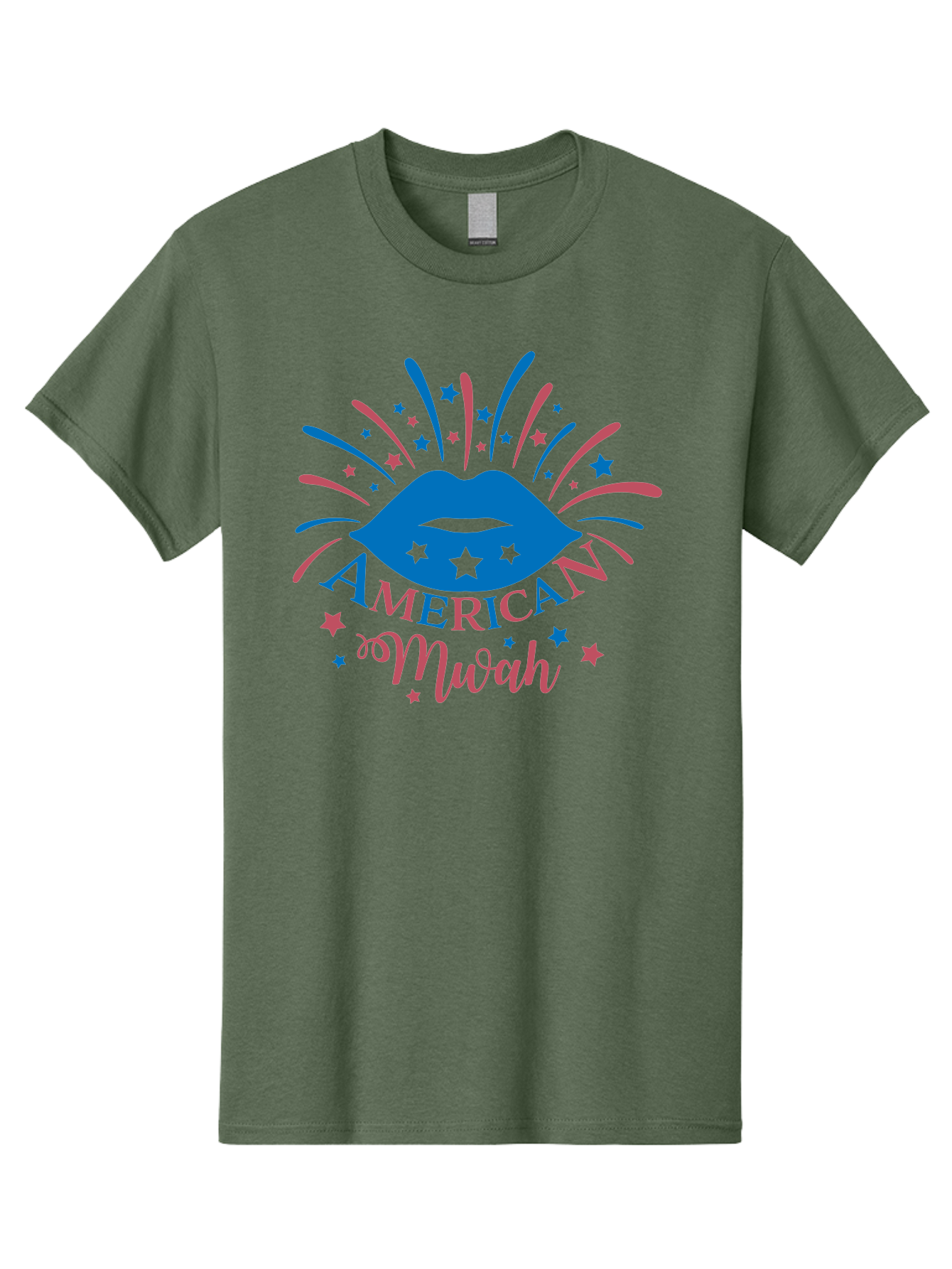 American-Mwah Men'S Graphic Tee, 100% Cotton, Comfortable Casual Summer Wear, Machine Washable, Blue Lips, Starry Design, Vibrant Colors, Playful Graphics, American Mwah, Kiss Mark, Festive Atmosphere, Celebratory Theme, Pop Art Style, Aac470