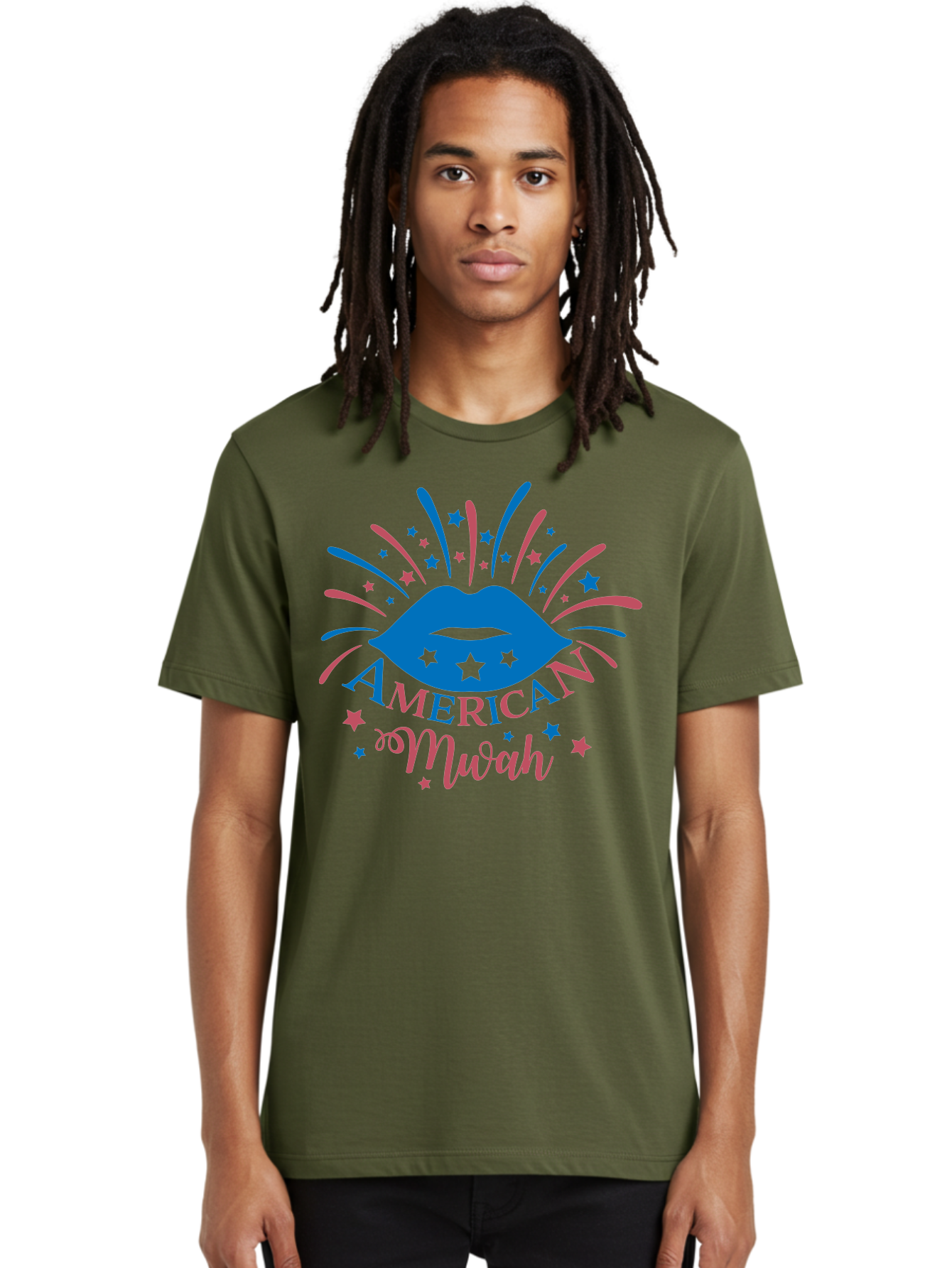 American-Mwah Men'S Graphic Tee, 100% Cotton, Comfortable Casual Summer Wear, Machine Washable, Blue Lips, Starry Design, Vibrant Colors, Playful Graphics, American Mwah, Kiss Mark, Festive Atmosphere, Celebratory Theme, Pop Art Style, Aac470