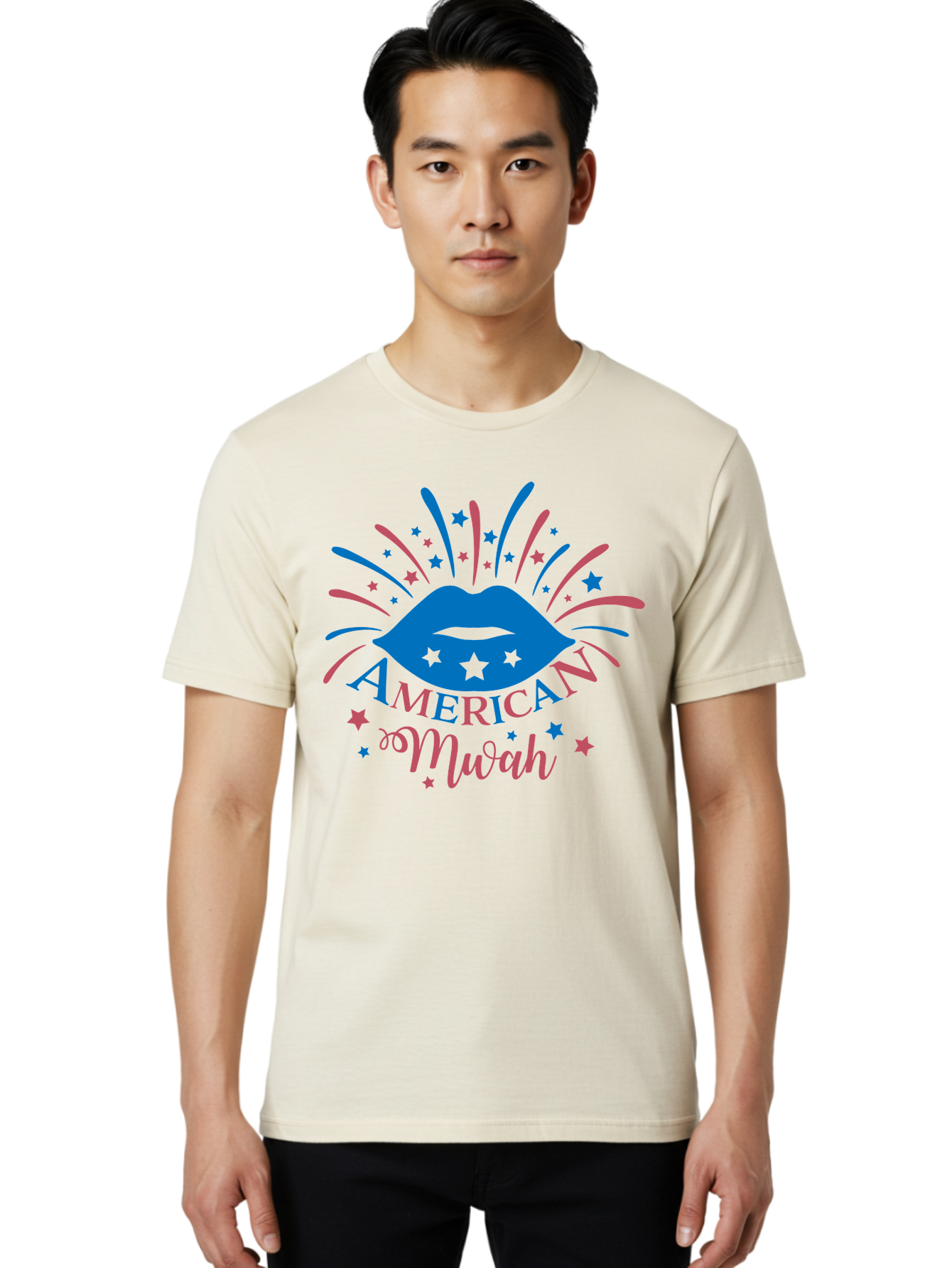 American-Mwah Men'S Graphic Tee, 100% Cotton, Comfortable Casual Summer Wear, Machine Washable, Blue Lips, Starry Design, Vibrant Colors, Playful Graphics, American Mwah, Kiss Mark, Festive Atmosphere, Celebratory Theme, Pop Art Style, Aac470