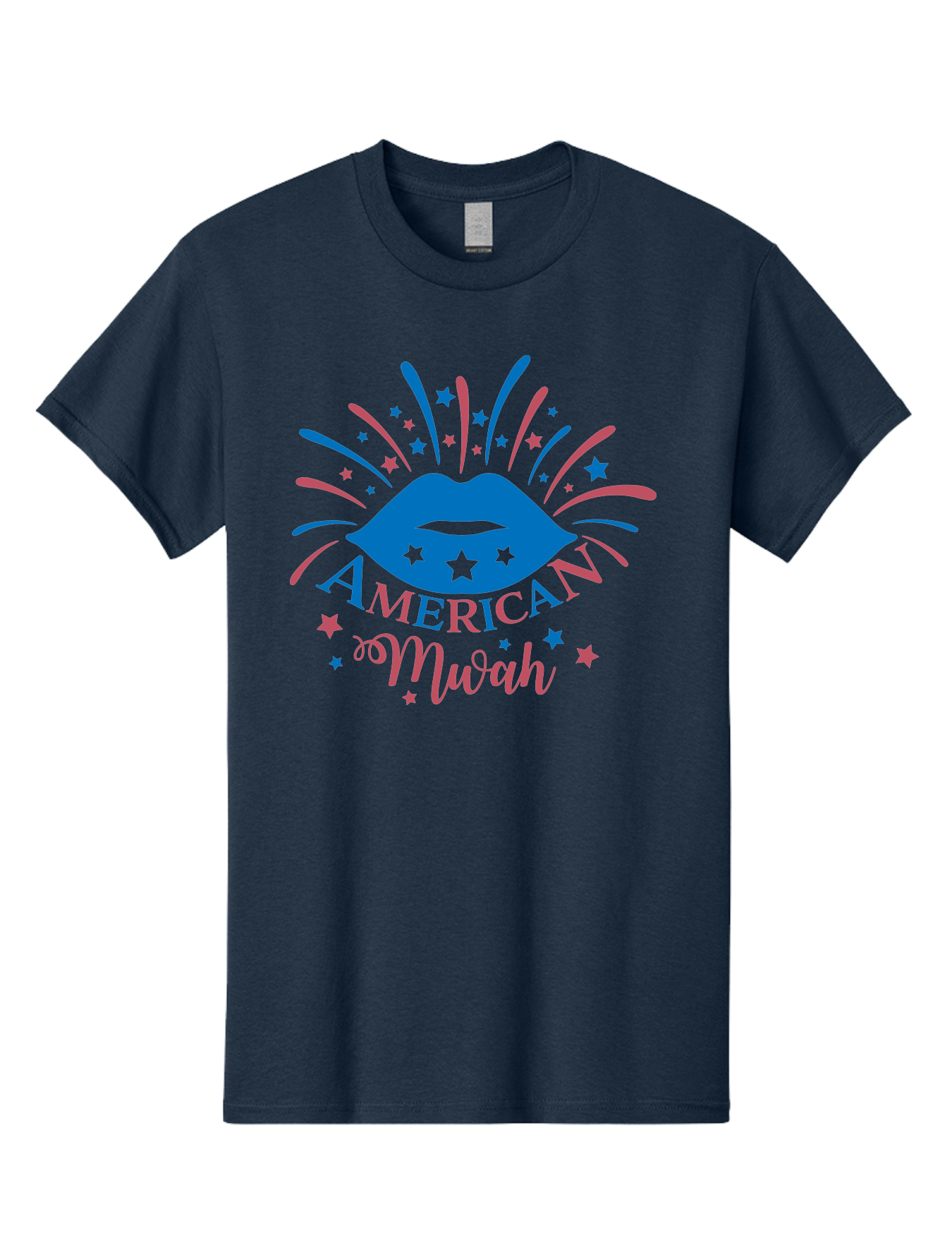 American-Mwah Men'S Graphic Tee, 100% Cotton, Comfortable Casual Summer Wear, Machine Washable, Blue Lips, Starry Design, Vibrant Colors, Playful Graphics, American Mwah, Kiss Mark, Festive Atmosphere, Celebratory Theme, Pop Art Style, Aac470