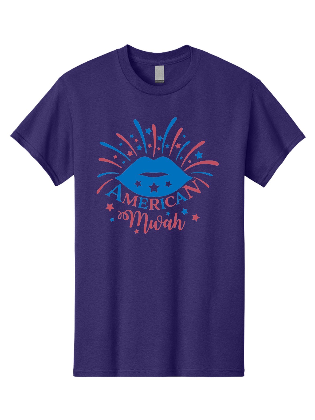 American-Mwah Men'S Graphic Tee, 100% Cotton, Comfortable Casual Summer Wear, Machine Washable, Blue Lips, Starry Design, Vibrant Colors, Playful Graphics, American Mwah, Kiss Mark, Festive Atmosphere, Celebratory Theme, Pop Art Style, Aac470