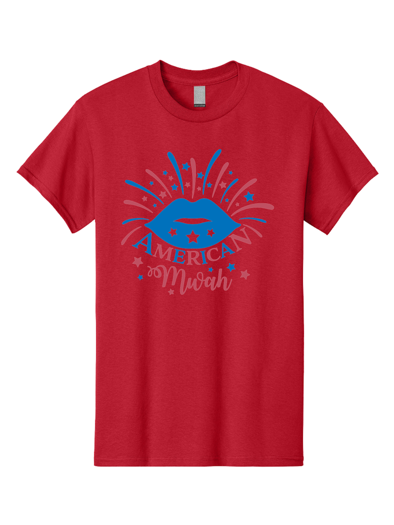 American-Mwah Men'S Graphic Tee, 100% Cotton, Comfortable Casual Summer Wear, Machine Washable, Blue Lips, Starry Design, Vibrant Colors, Playful Graphics, American Mwah, Kiss Mark, Festive Atmosphere, Celebratory Theme, Pop Art Style, Aac470