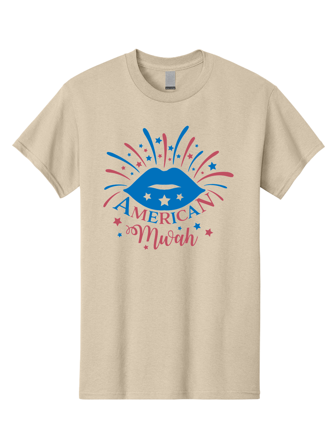 American-Mwah Men'S Graphic Tee, 100% Cotton, Comfortable Casual Summer Wear, Machine Washable, Blue Lips, Starry Design, Vibrant Colors, Playful Graphics, American Mwah, Kiss Mark, Festive Atmosphere, Celebratory Theme, Pop Art Style, Aac470