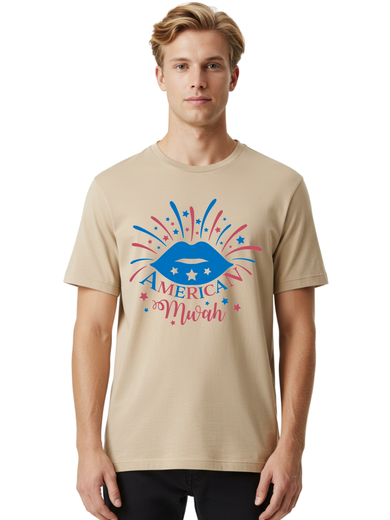 American-Mwah Men'S Graphic Tee, 100% Cotton, Comfortable Casual Summer Wear, Machine Washable, Blue Lips, Starry Design, Vibrant Colors, Playful Graphics, American Mwah, Kiss Mark, Festive Atmosphere, Celebratory Theme, Pop Art Style, Aac470