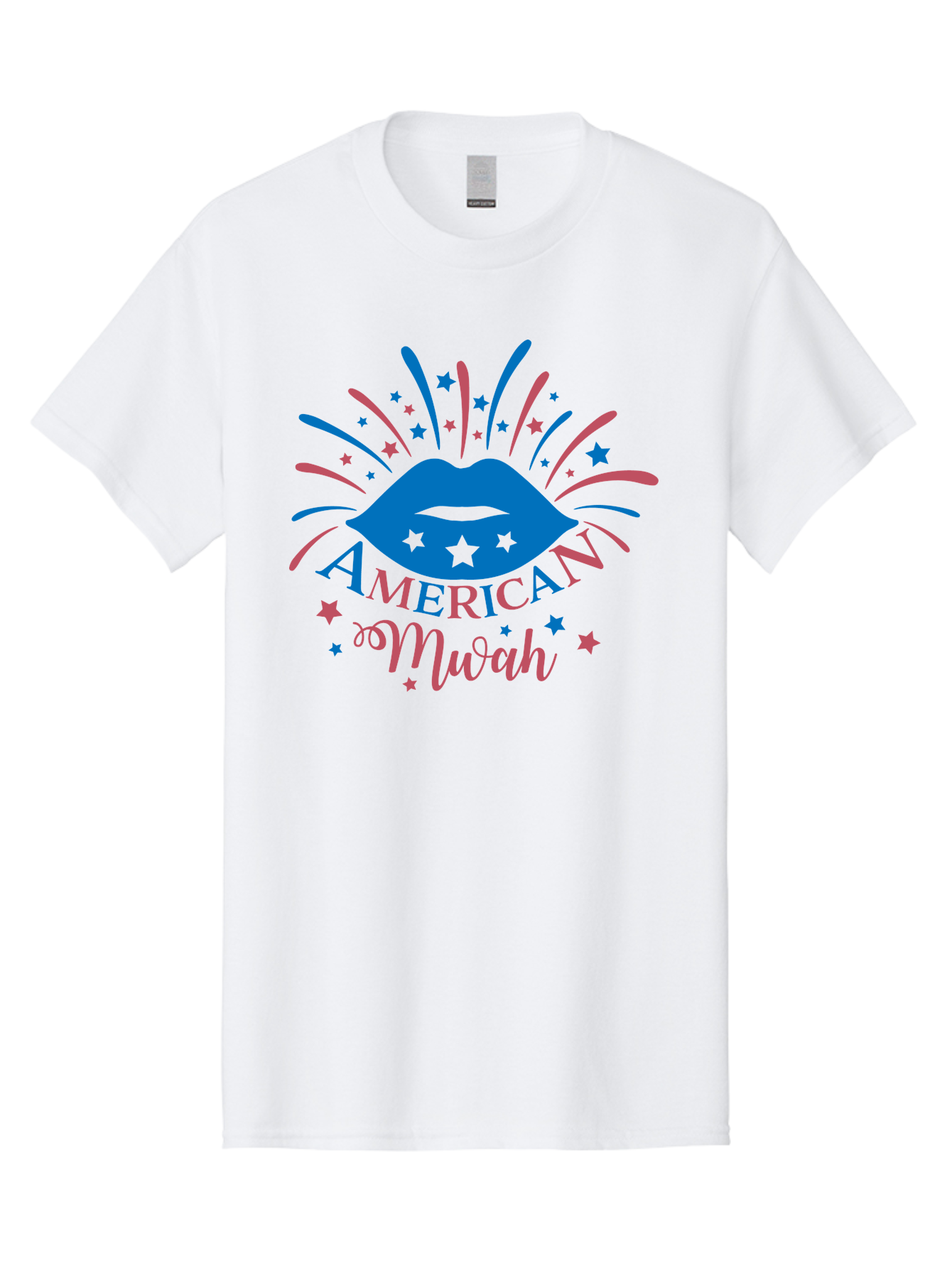 American-Mwah Men'S Graphic Tee, 100% Cotton, Comfortable Casual Summer Wear, Machine Washable, Blue Lips, Starry Design, Vibrant Colors, Playful Graphics, American Mwah, Kiss Mark, Festive Atmosphere, Celebratory Theme, Pop Art Style, Aac470