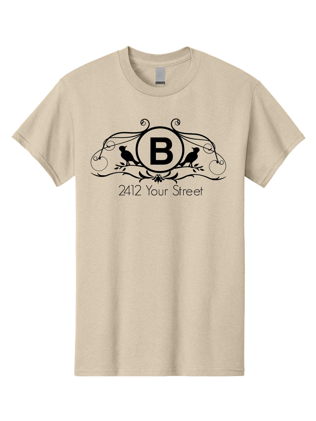 B-2412-Your-Street Men'S Graphic Tee, 100% Cotton, Comfortable Casual Summer Wear, Machine Washable, Vintage Logo, Stylized Letter B, Birds On Branches, Ornate Design, Classic Typography, Address Label, Elegant Branding, Custom Illustration Aac481