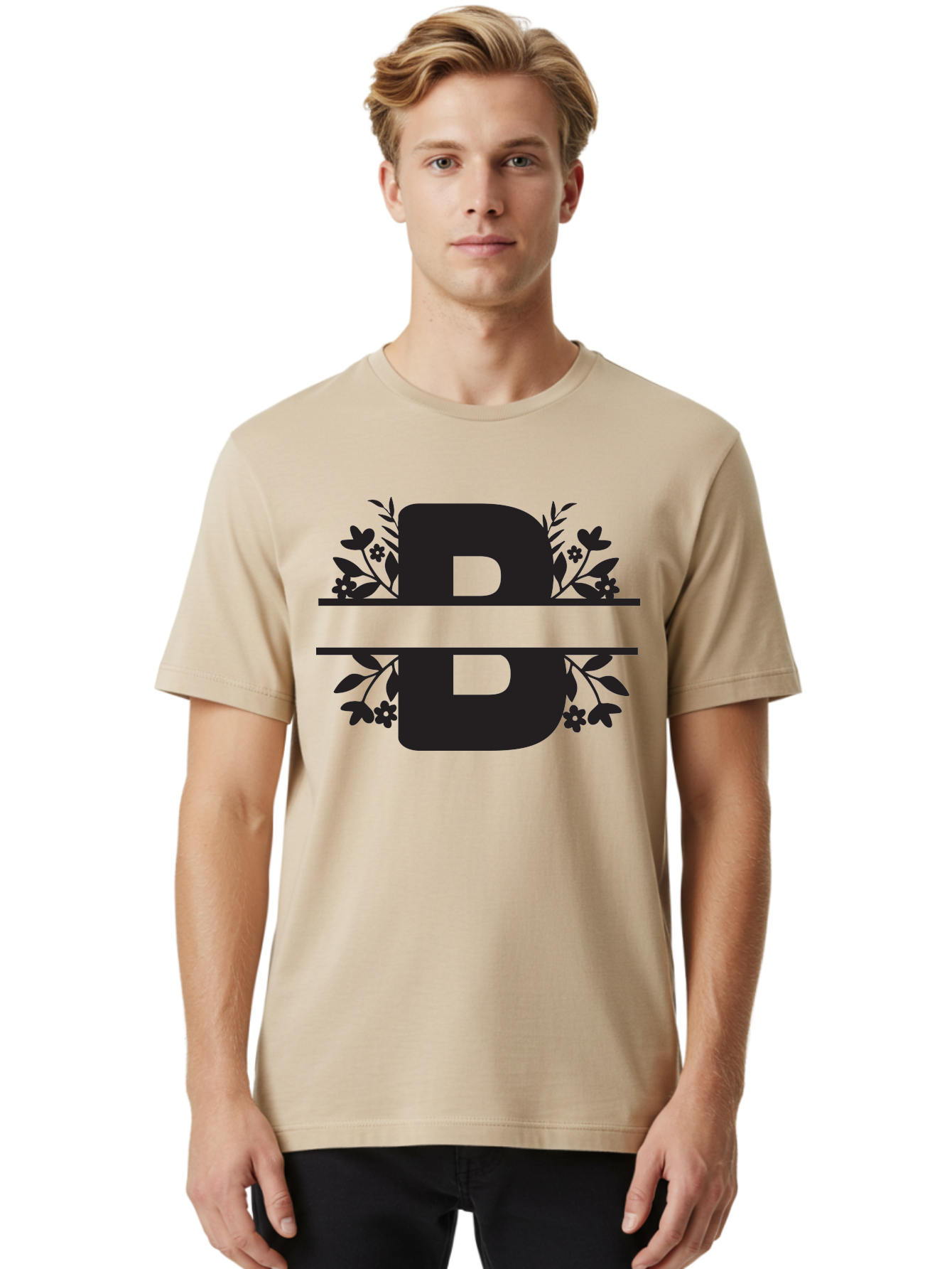 B-Floral Men'S Graphic Tee, 100% Cotton, Comfortable Casual Summer Wear, Machine Washable, Floral Design, Alphabet B, Black Letters, Flower Pattern, Leaves, Floral Arrangement, Typography Aac483