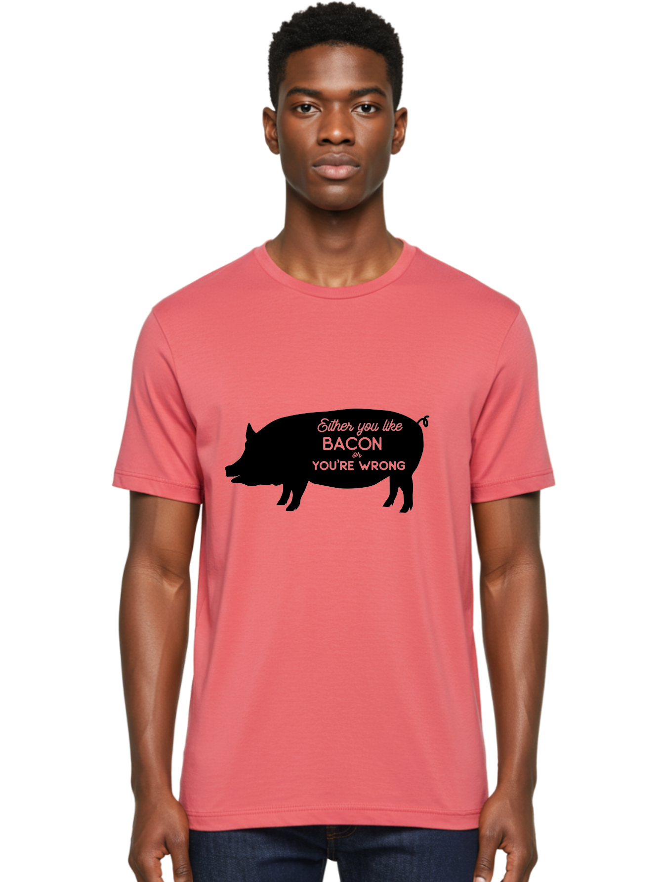 Bacon-Or-You-Re-Wrong Men'S Graphic Tee, 100% Cotton, Comfortable Casual Summer Wear, Machine Washable, Funny Quote, Bacon Lover, Pig Silhouette, Humorous Saying, Foodie Humor, Quote About Bacon, Bacon Enthusiast, Quirky Design, Aac485