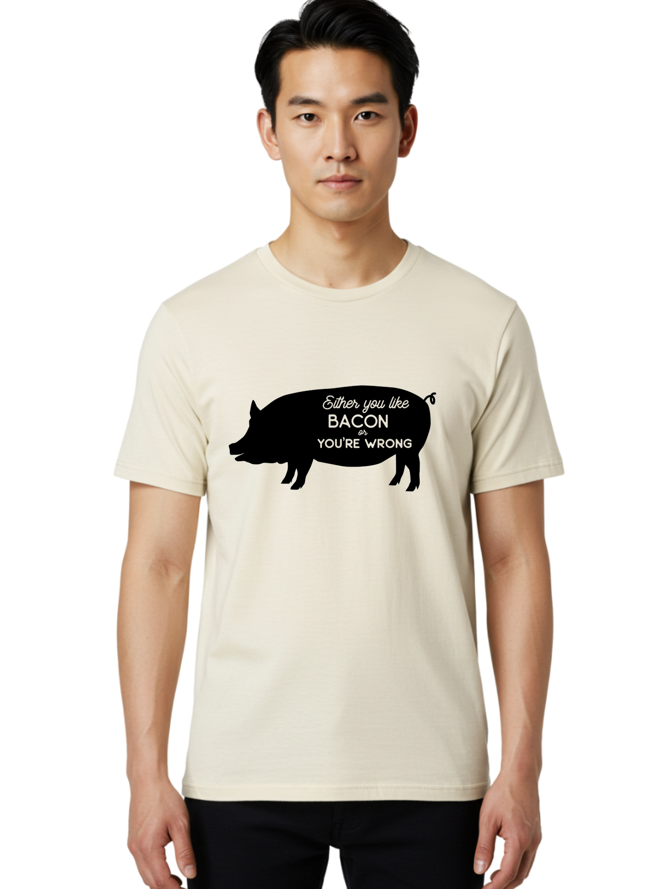 Bacon-Or-You-Re-Wrong Men'S Graphic Tee, 100% Cotton, Comfortable Casual Summer Wear, Machine Washable, Funny Quote, Bacon Lover, Pig Silhouette, Humorous Saying, Foodie Humor, Quote About Bacon, Bacon Enthusiast, Quirky Design, Aac485