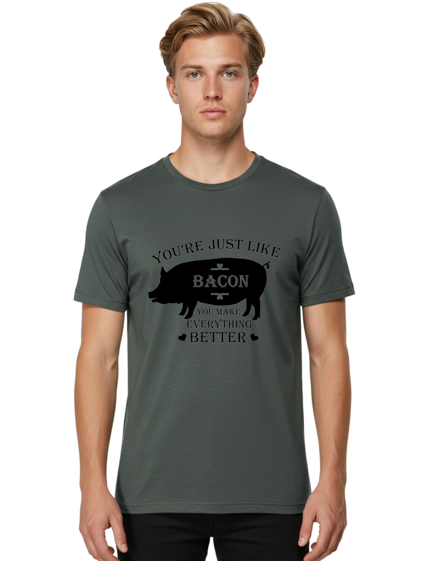 Bacon-Pig-Silhouette Men'S Graphic Tee, 100% Cotton, Comfortable Casual Summer Wear, Machine Washable, Funny Pig Design, Bacon Lover, Bacon Humor, Cute Pig Silhouette, You Make Everything Better, Bacon Quotes, Pig Phrases, Foodie Graphics Aac486