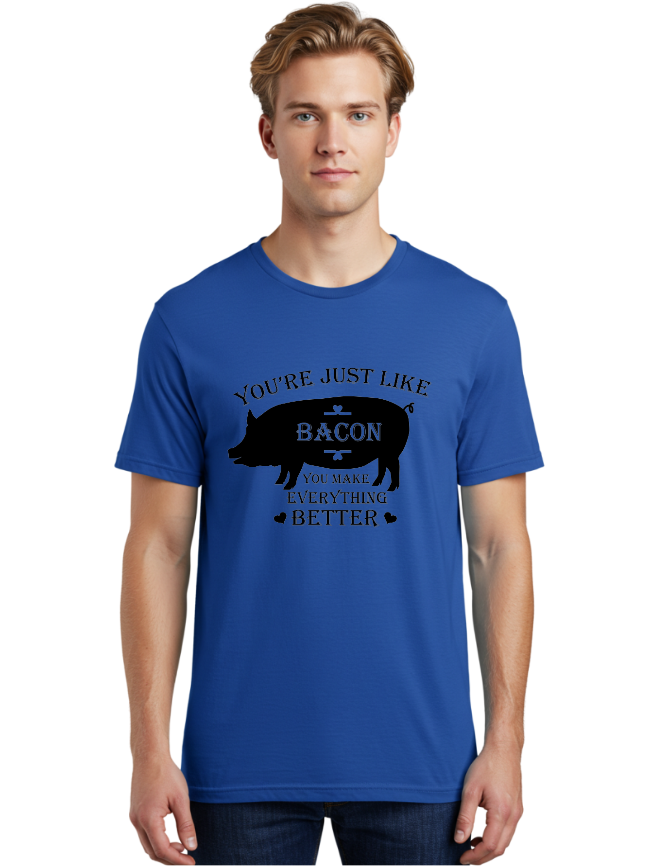Bacon-Pig-Silhouette Men'S Graphic Tee, 100% Cotton, Comfortable Casual Summer Wear, Machine Washable, Funny Pig Design, Bacon Lover, Bacon Humor, Cute Pig Silhouette, You Make Everything Better, Bacon Quotes, Pig Phrases, Foodie Graphics Aac486