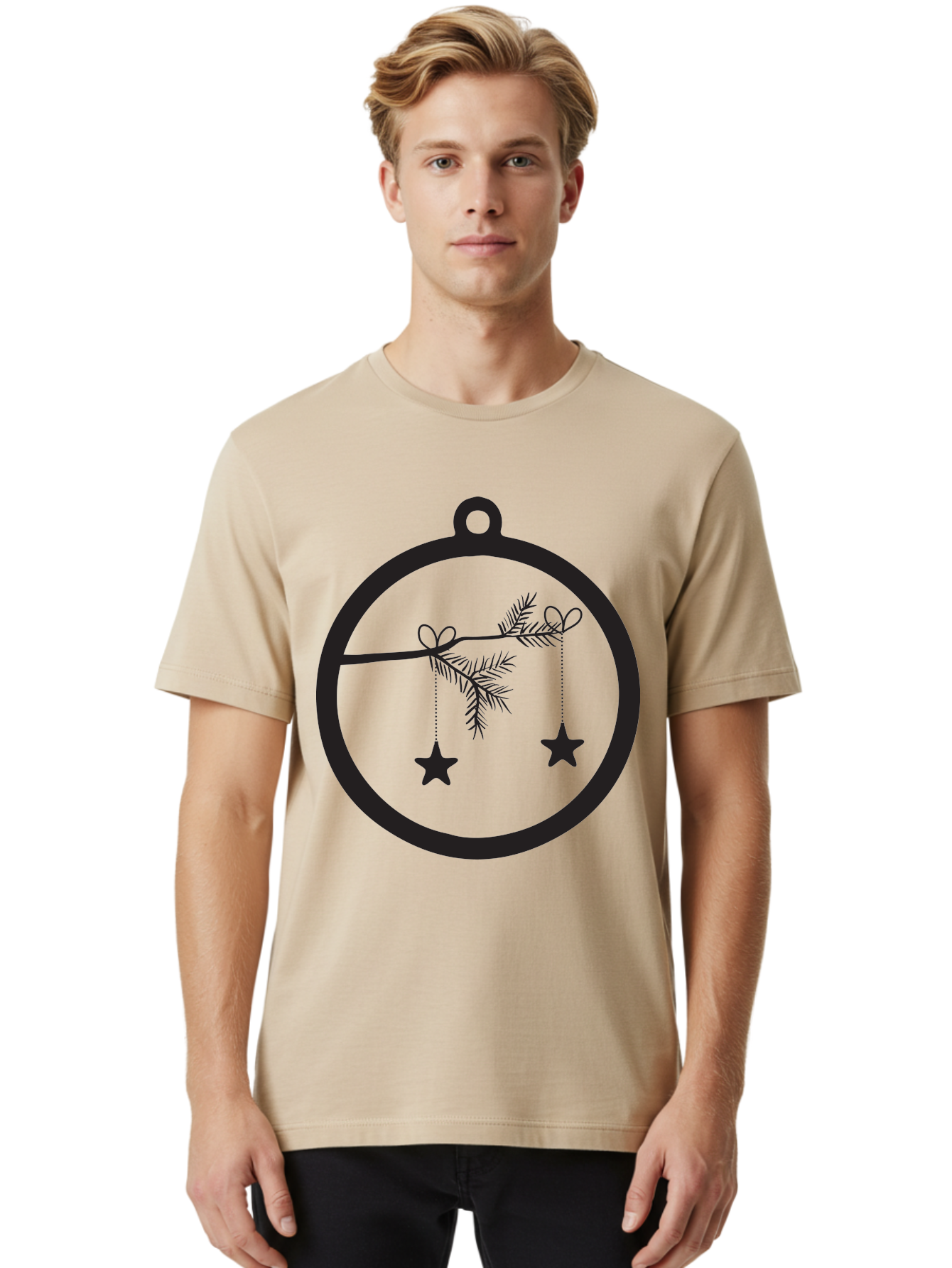 Bauble-With-Ornaments Men'S Graphic Tee, 100% Cotton, Comfortable Casual Summer Wear, Machine Washable, Christmas Decoration, Hanging Ornaments, Pine Branch, Star Decorations, Festive Design, Holiday Decor, Seasonal Theme, Xmas Tree Aac492