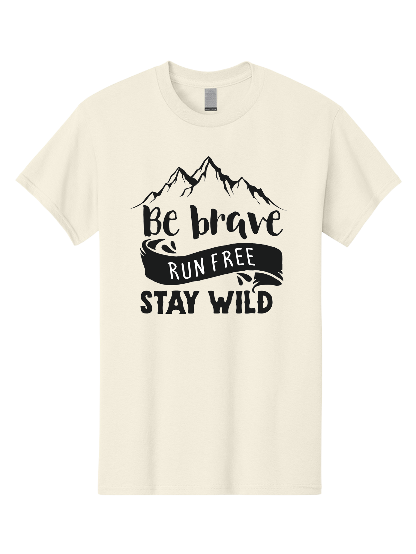 Be-Brave-Run-Free-Stay-Wild Men'S Graphic Tee, 100% Cotton, Comfortable Casual Summer Wear, Machine Washable, Inspirational Quote, Motivational Words, Bold Typography, Mountain Landscape, Running Free, Staying Wild, Brave Spirit, Freedom, Aac494