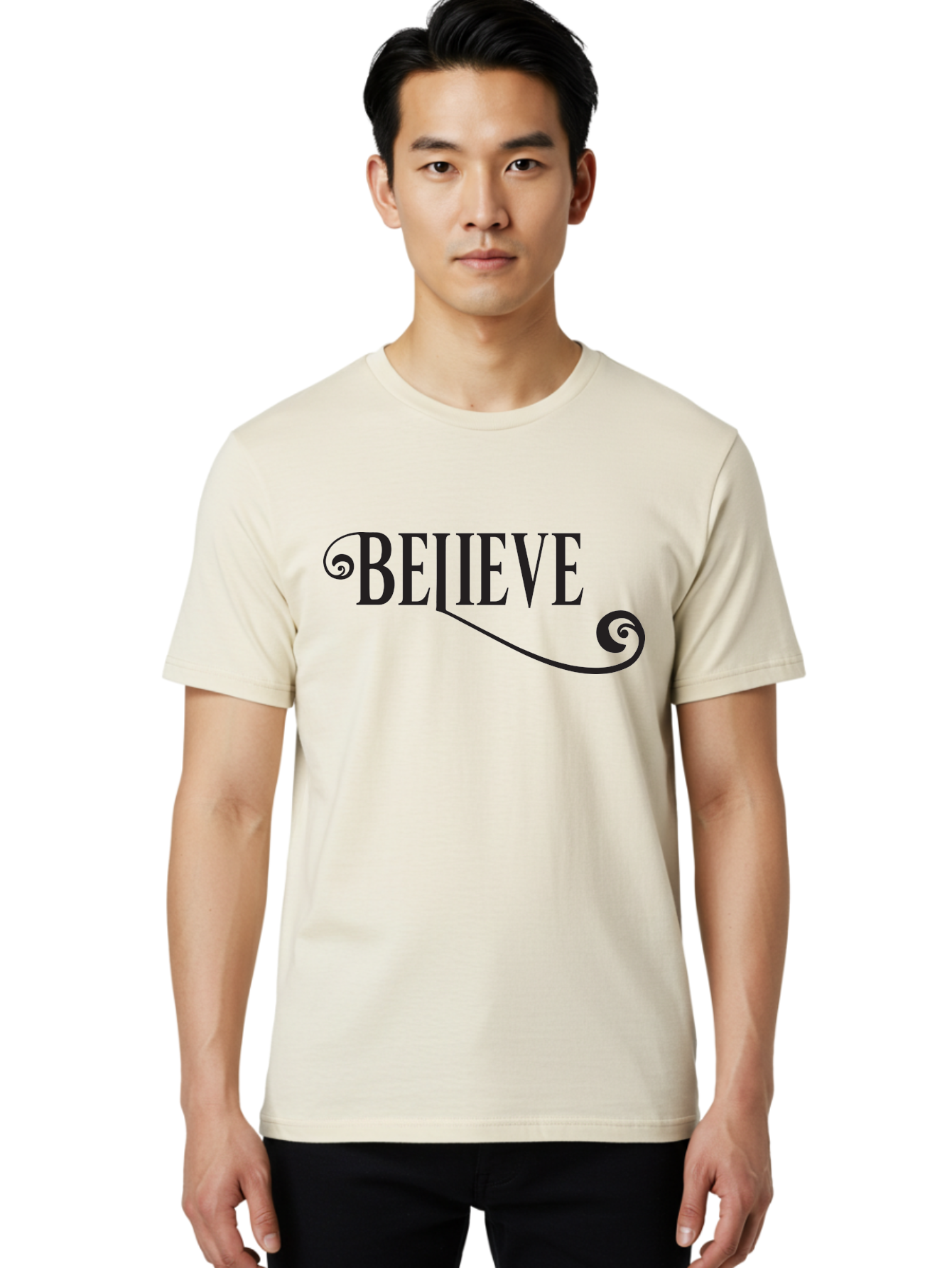 Believe Men'S Graphic Tee, 100% Cotton, Comfortable Casual Summer Wear, Machine Washable, Believe, Motivational Quote, Inspirational Message, Typography Art, Positive Affirmation, Empowerment, Self-Belief, Confidence Boost, Decorative Swirls, Aac508