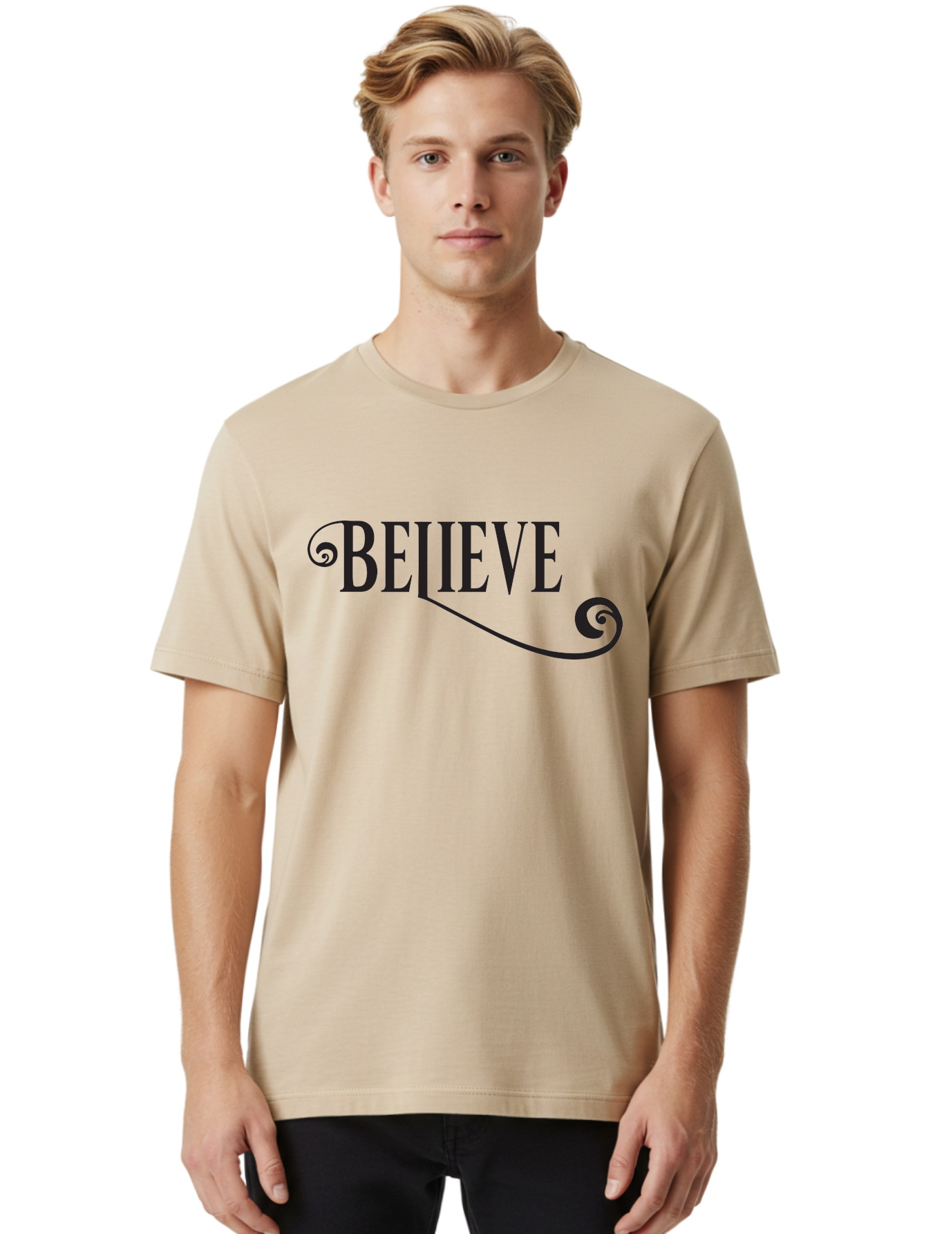 Believe Men'S Graphic Tee, 100% Cotton, Comfortable Casual Summer Wear, Machine Washable, Believe, Motivational Quote, Inspirational Message, Typography Art, Positive Affirmation, Empowerment, Self-Belief, Confidence Boost, Decorative Swirls, Aac508