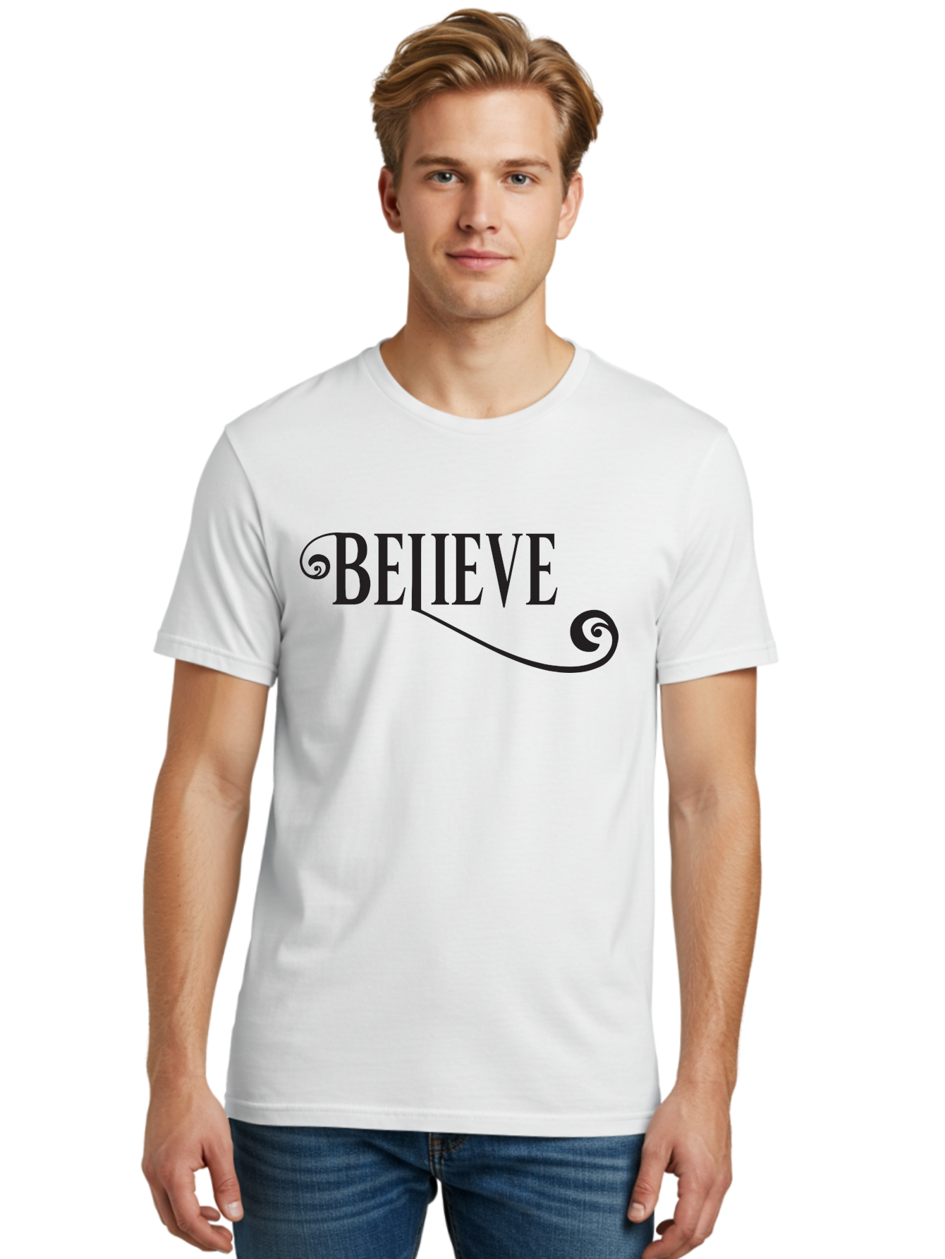 Believe Men'S Graphic Tee, 100% Cotton, Comfortable Casual Summer Wear, Machine Washable, Believe, Motivational Quote, Inspirational Message, Typography Art, Positive Affirmation, Empowerment, Self-Belief, Confidence Boost, Decorative Swirls, Aac508