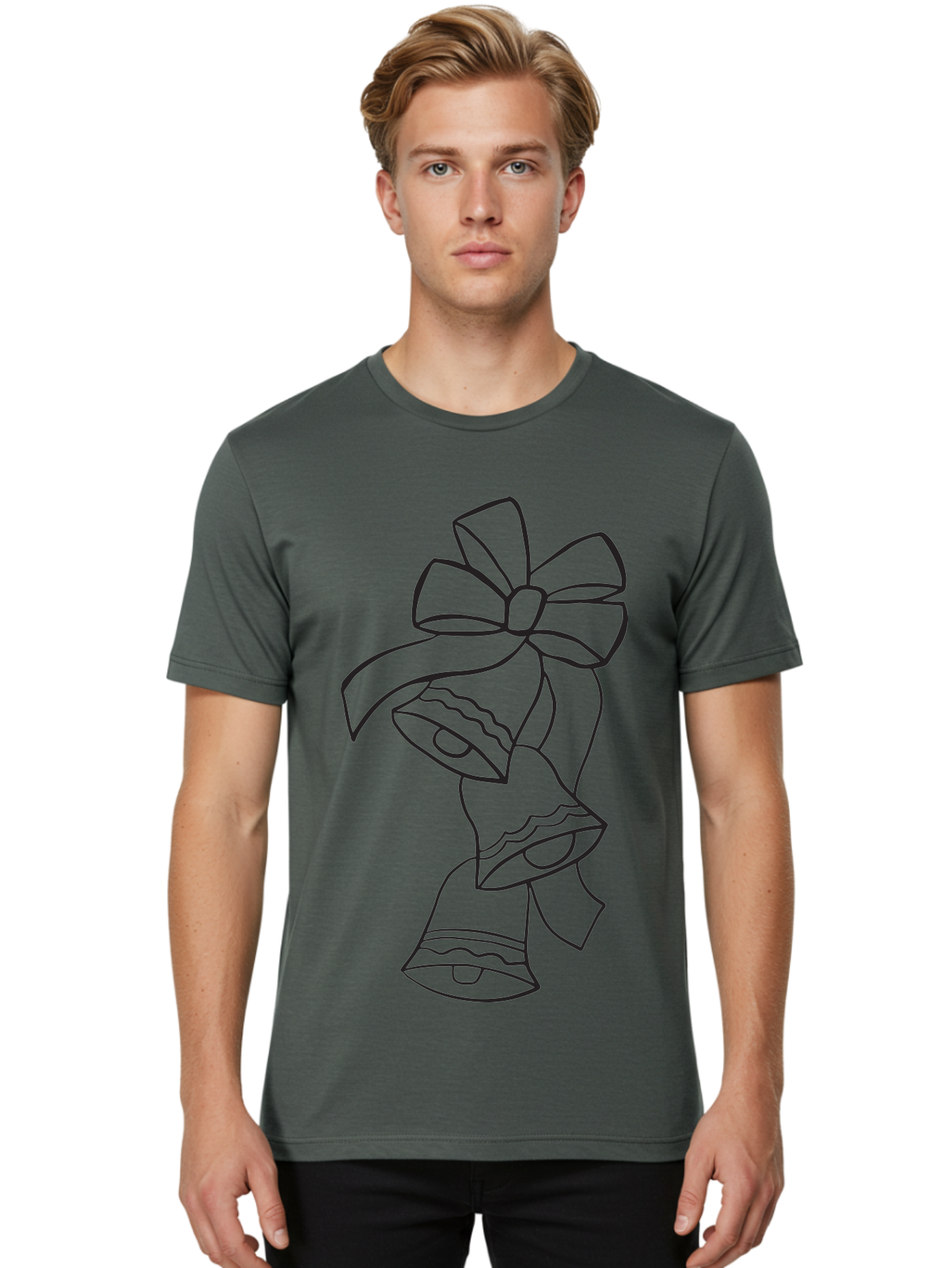 Bells-With-Bow Men'S Graphic Tee, 100% Cotton, Comfortable Casual Summer Wear, Machine Washable, Christmas Bells, Holiday Decor, Festive Decoration, Jingle Bells, Ribbon Bow, Black Outline, Simple Design, Minimalist Art, Winter Theme Aac510
