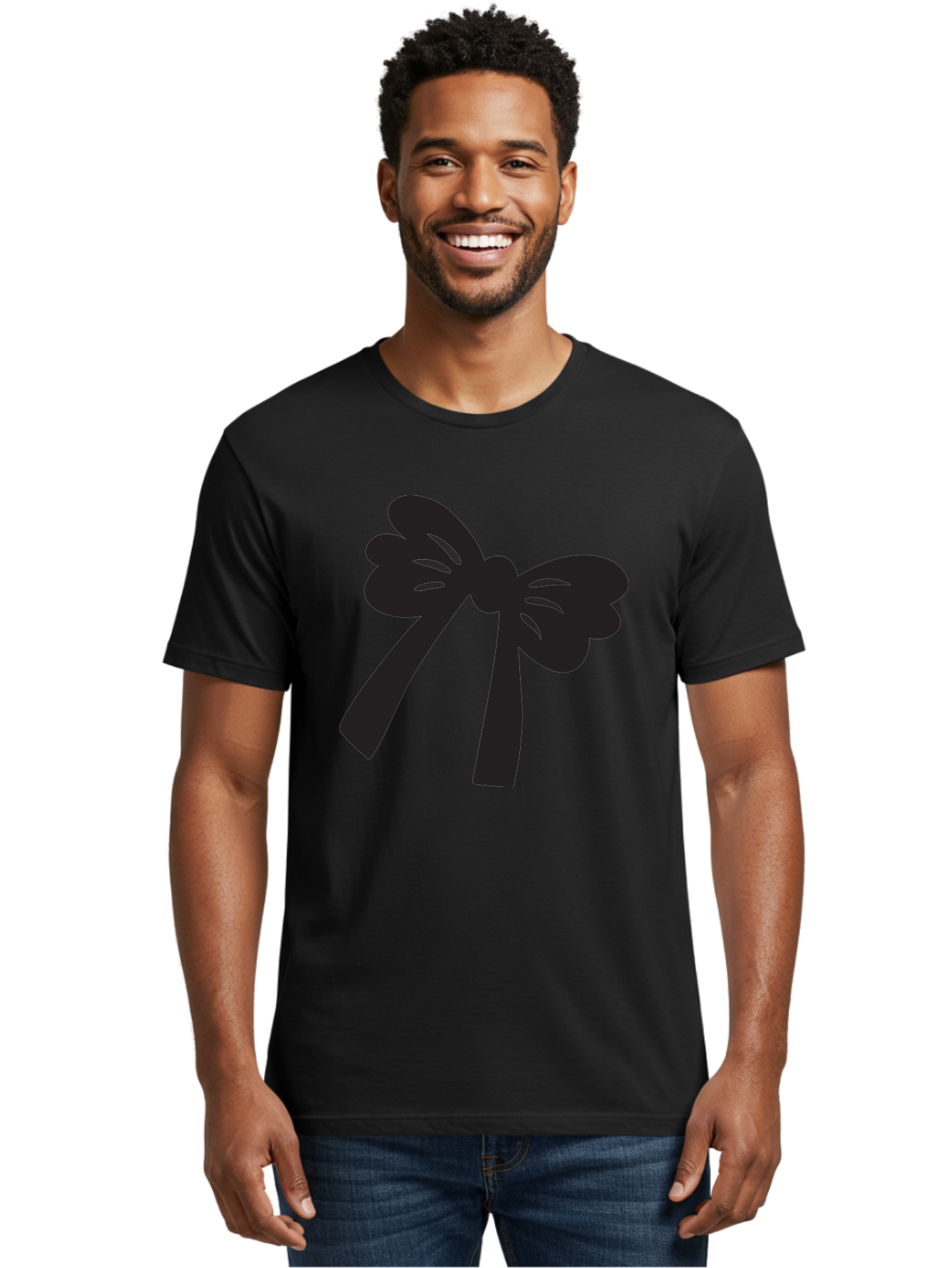 Black-Bow Men'S Graphic Tee, 100% Cotton, Comfortable Casual Summer Wear, Machine Washable, Black Bow Ribbon, Elegant Design, Minimalist Style, Decorative Element, Gift Wrapping, Fashion Accessory, Simple Graphics Aac517