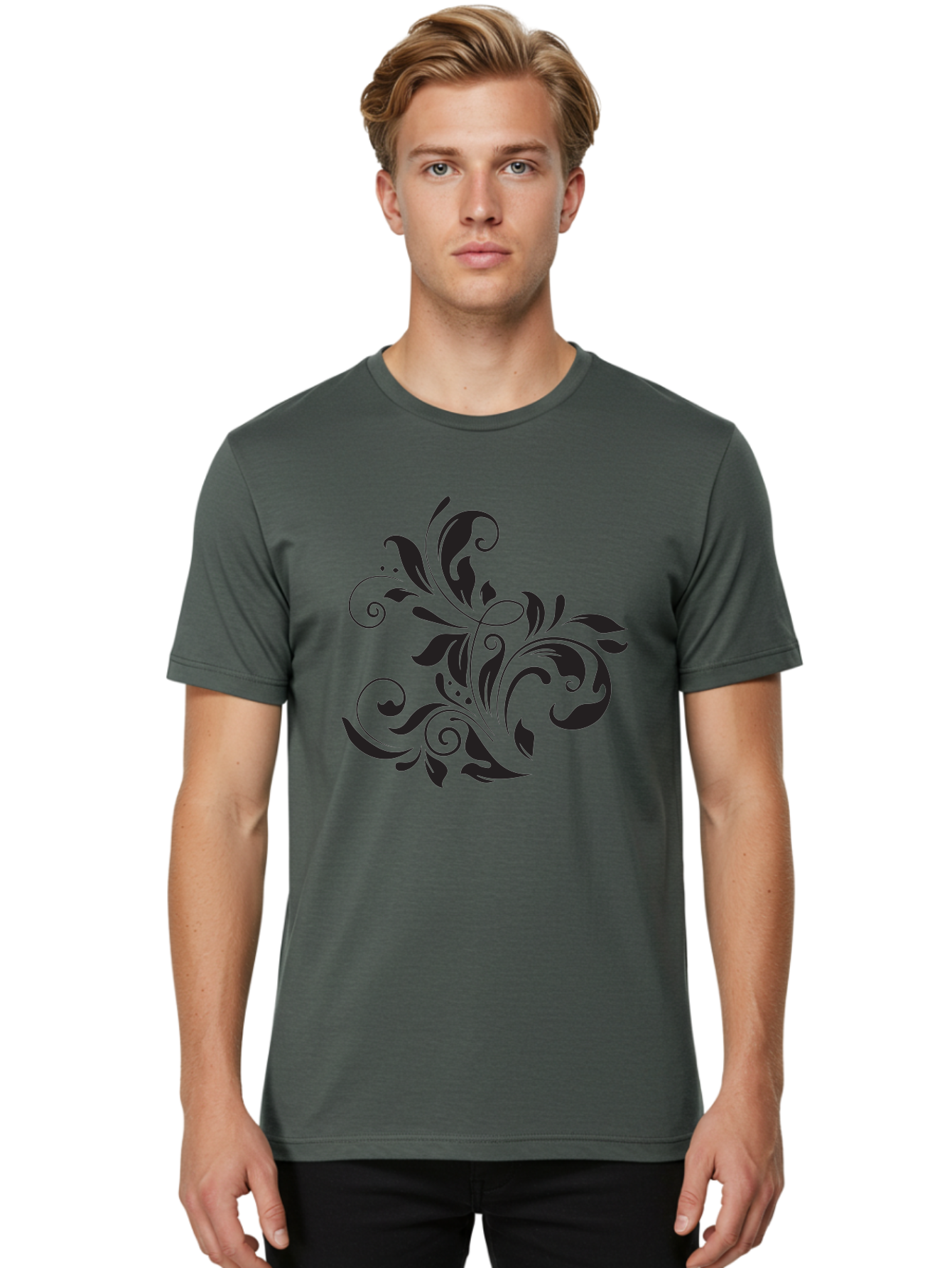 Black-Floral-Pattern Men'S Graphic Tee, 100% Cotton, Comfortable Casual Summer Wear, Machine Washable, Black Floral Pattern, Swirling Leaves, Ornate Design, Decorative Elements, Intricate Details, Elegant Graphics Aac519