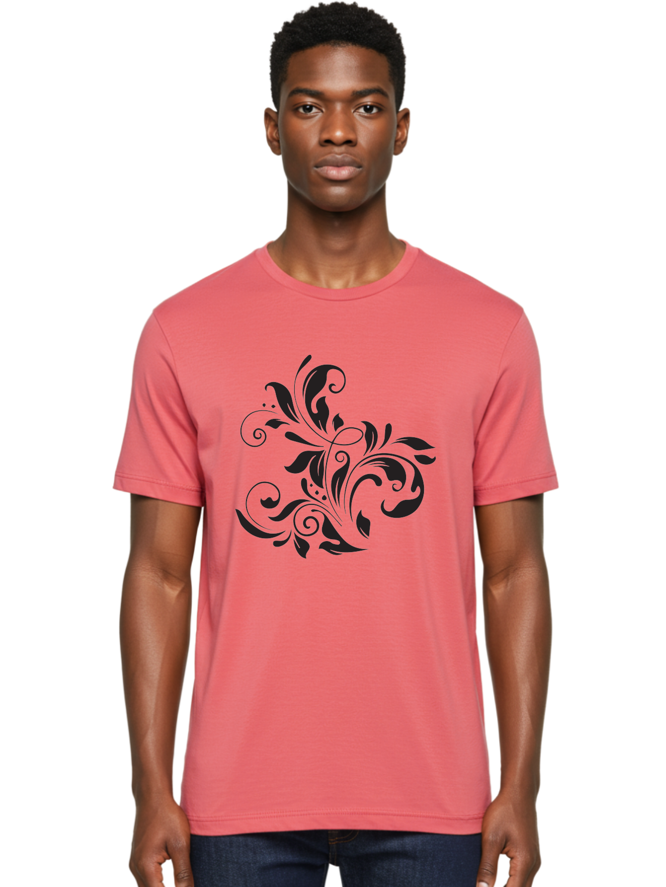 Black-Floral-Pattern Men'S Graphic Tee, 100% Cotton, Comfortable Casual Summer Wear, Machine Washable, Black Floral Pattern, Swirling Leaves, Ornate Design, Decorative Elements, Intricate Details, Elegant Graphics Aac519