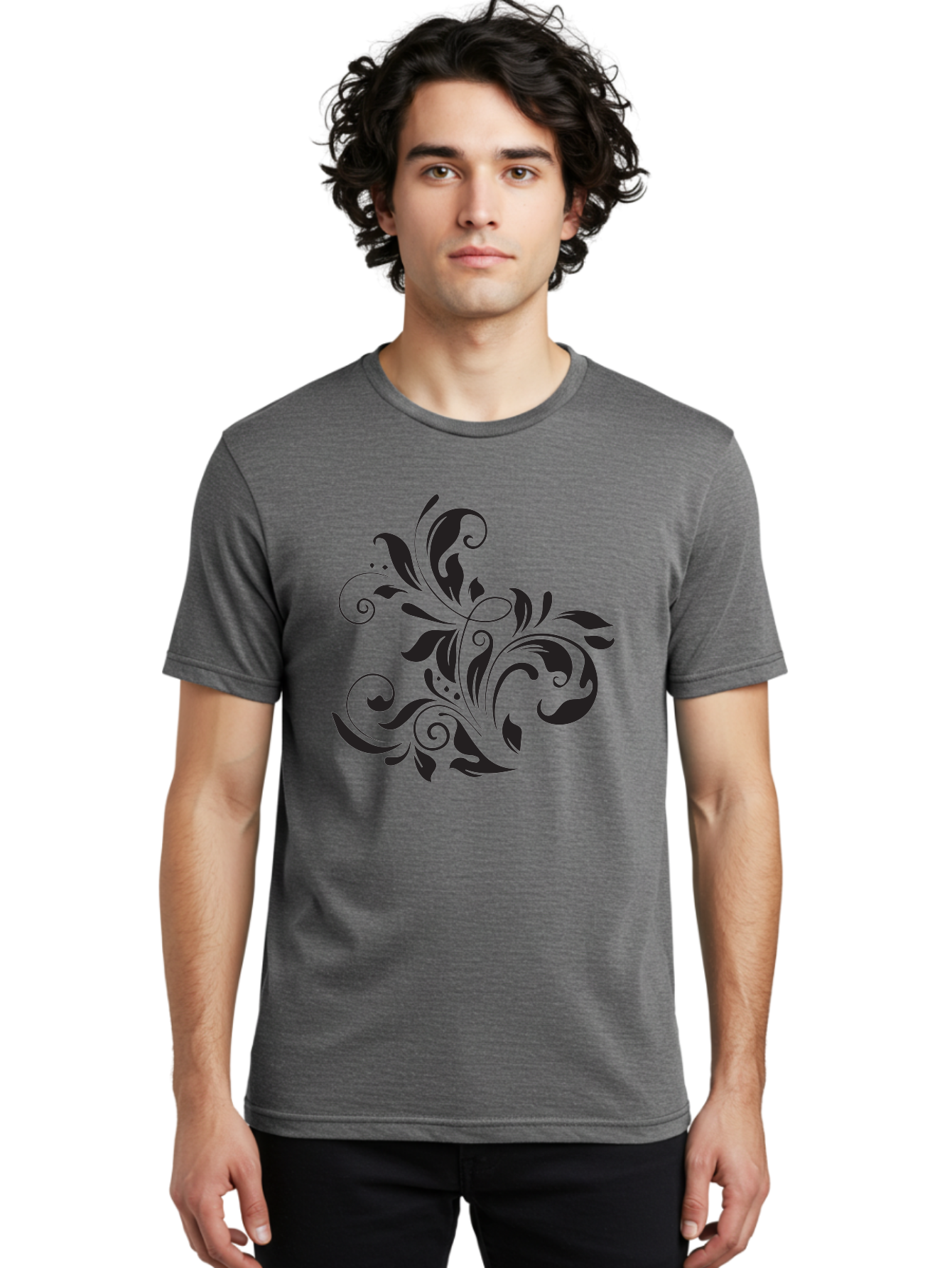 Black-Floral-Pattern Men'S Graphic Tee, 100% Cotton, Comfortable Casual Summer Wear, Machine Washable, Black Floral Pattern, Swirling Leaves, Ornate Design, Decorative Elements, Intricate Details, Elegant Graphics Aac519