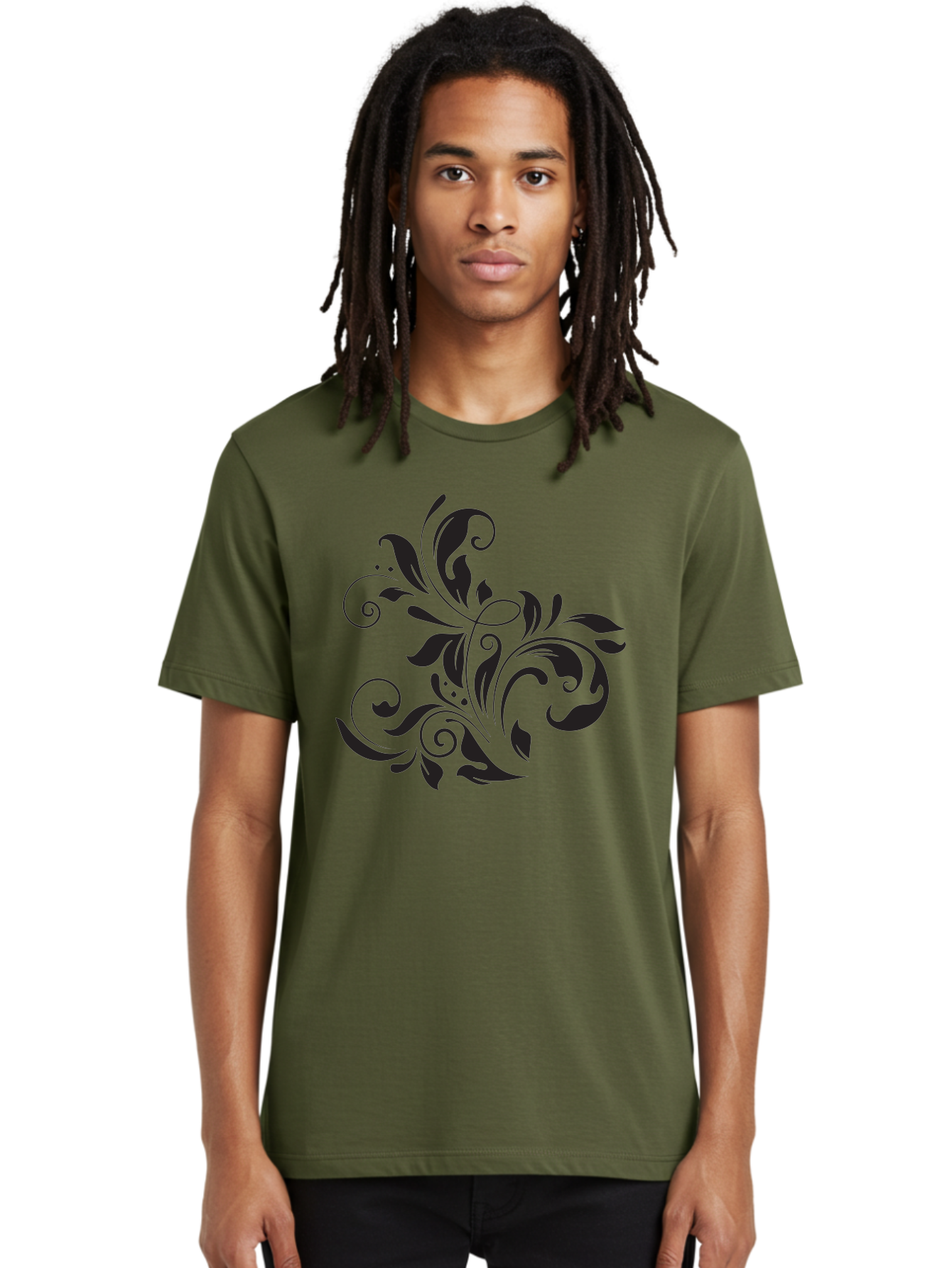 Black-Floral-Pattern Men'S Graphic Tee, 100% Cotton, Comfortable Casual Summer Wear, Machine Washable, Black Floral Pattern, Swirling Leaves, Ornate Design, Decorative Elements, Intricate Details, Elegant Graphics Aac519
